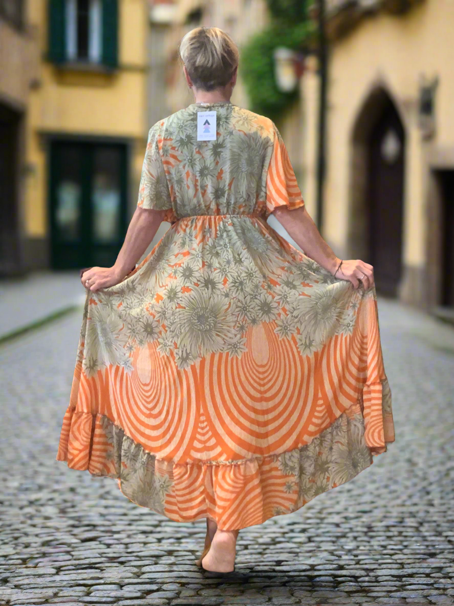 Handmade boho/prairie style dress made from vintage sari fabric