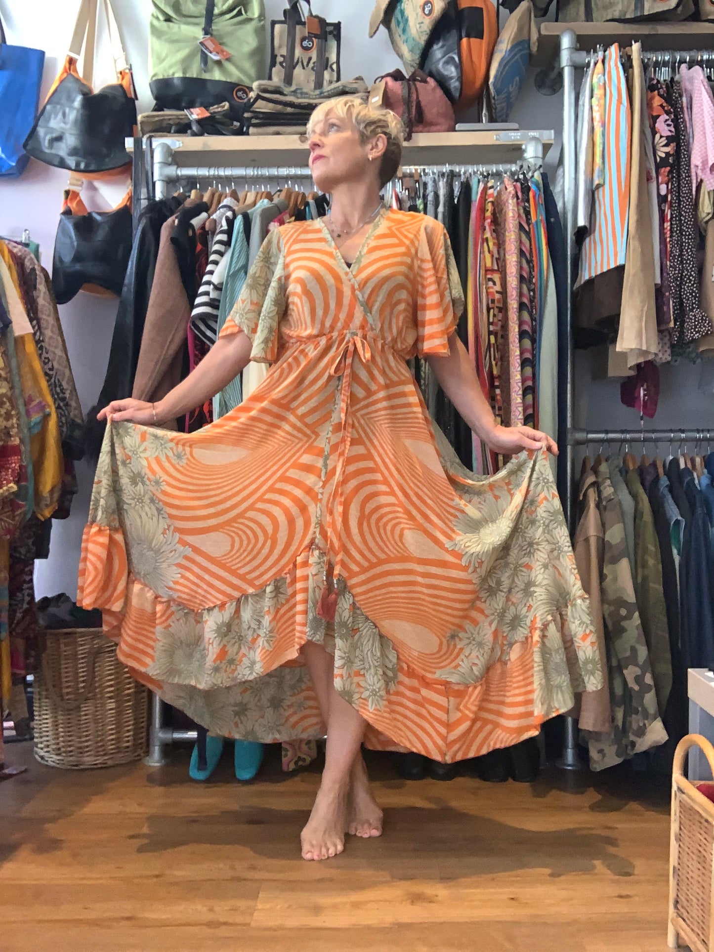 Handmade boho/prairie style dress made from vintage sari fabric