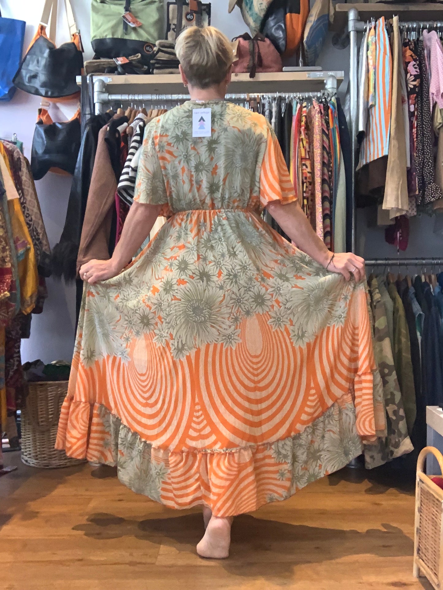 Handmade boho/prairie style dress made from vintage sari fabric