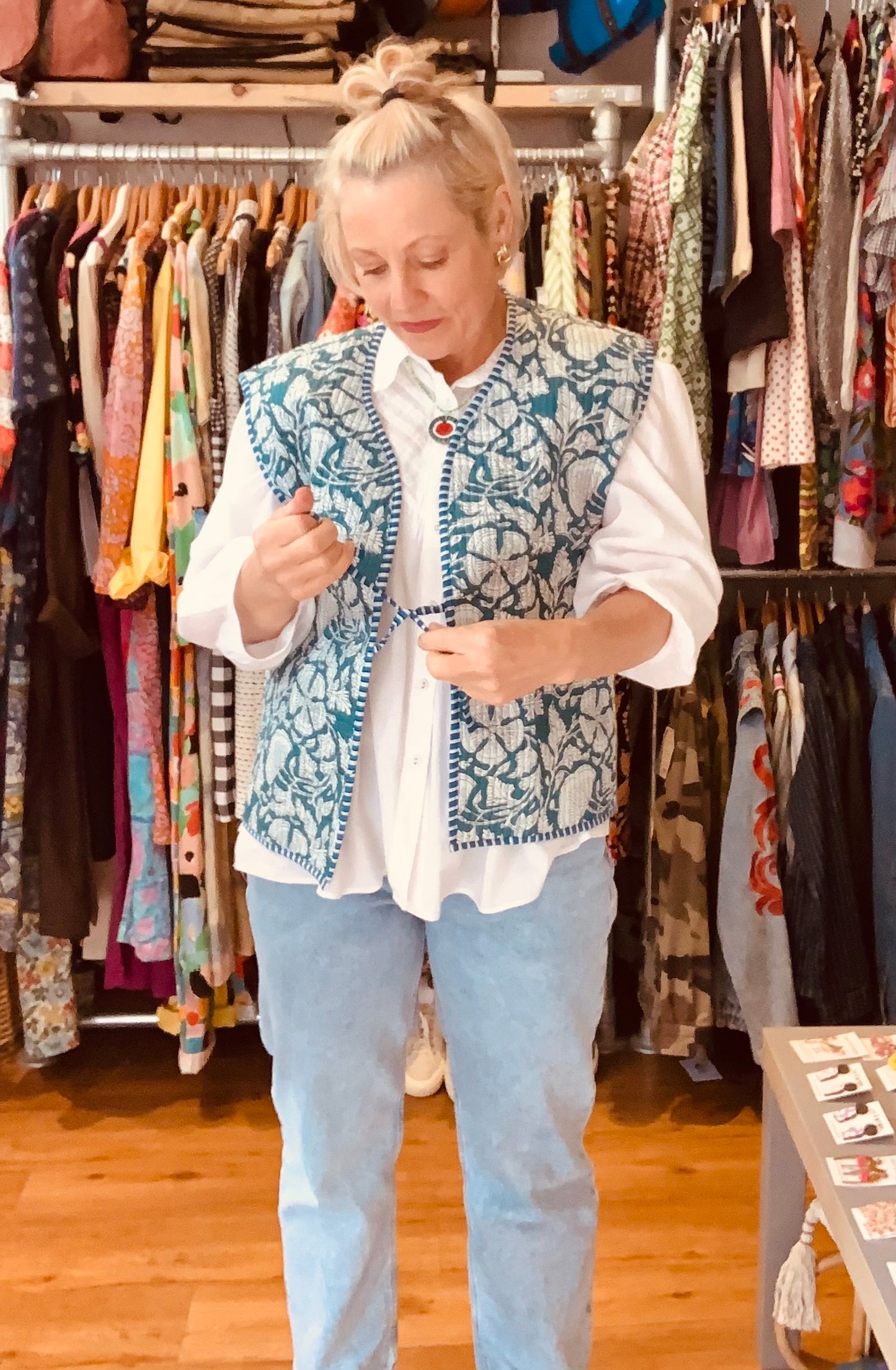 Handmade quilted Indian blockprint ethnic patterned gilet/waistcoat sz 8-10