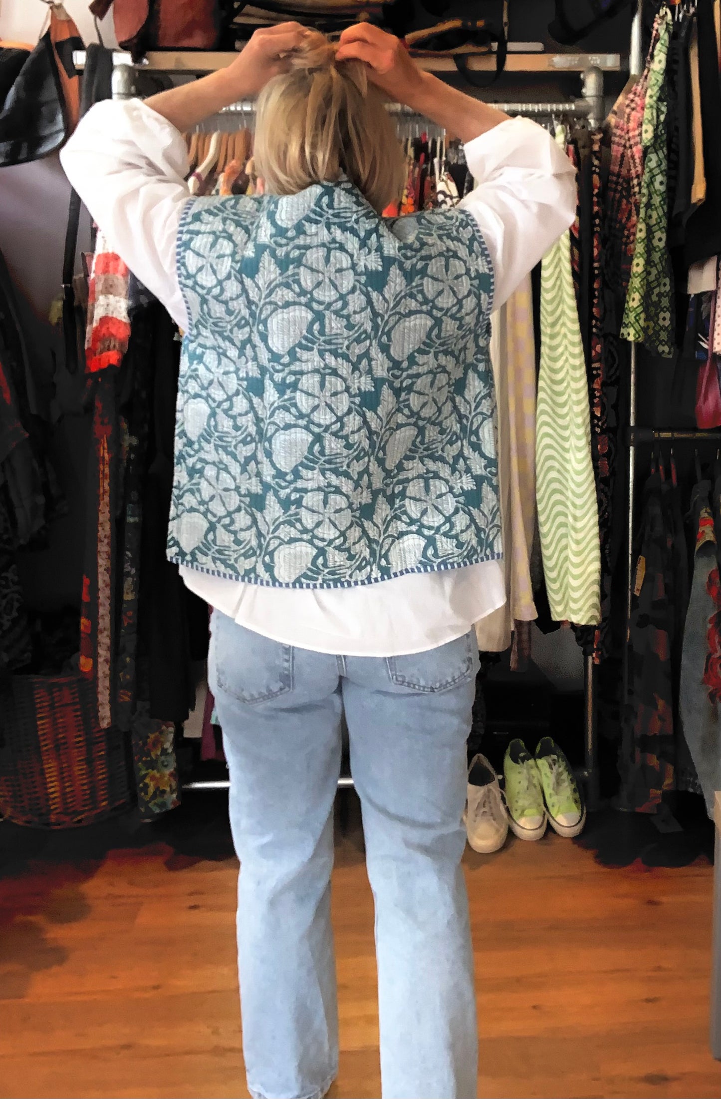Handmade quilted Indian blockprint ethnic patterned gilet/waistcoat sz 8-10