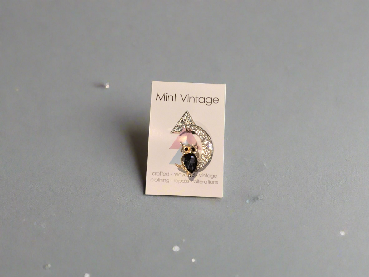 Owl in a moon sparkly brooch