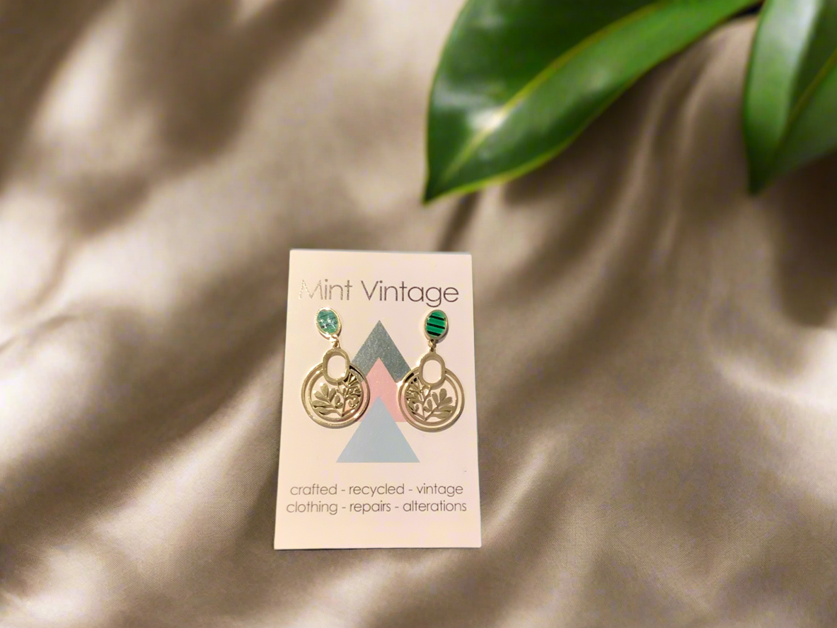 Gold and green leaf design dangle stud earrings