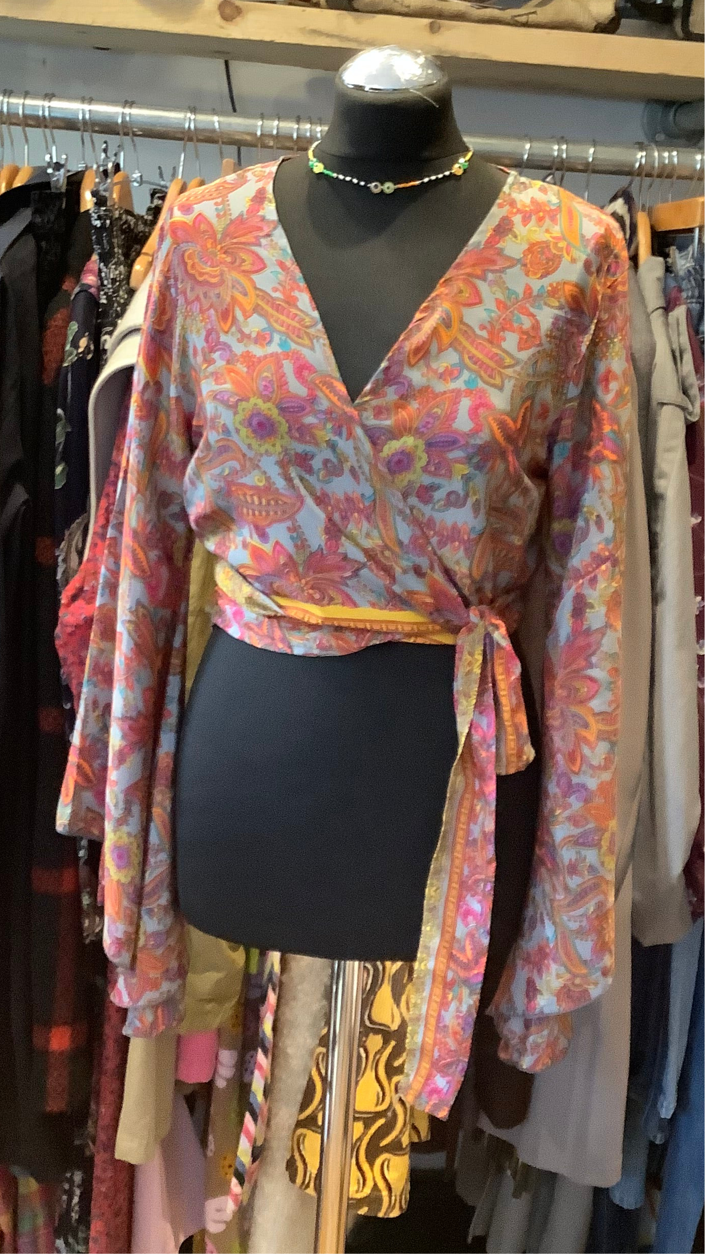 Handmade colourful sari fabric bell sleeve short wrap top
