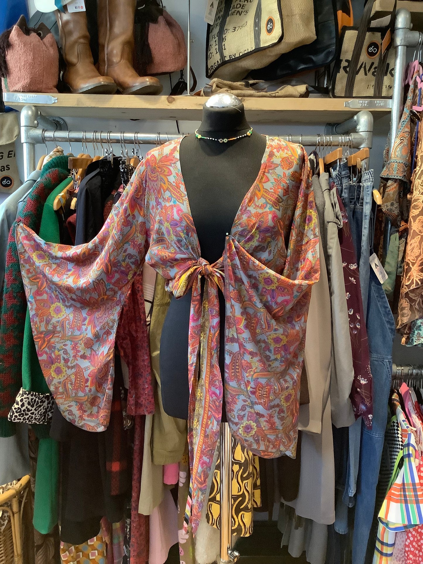 Handmade colourful sari fabric bell sleeve short wrap top