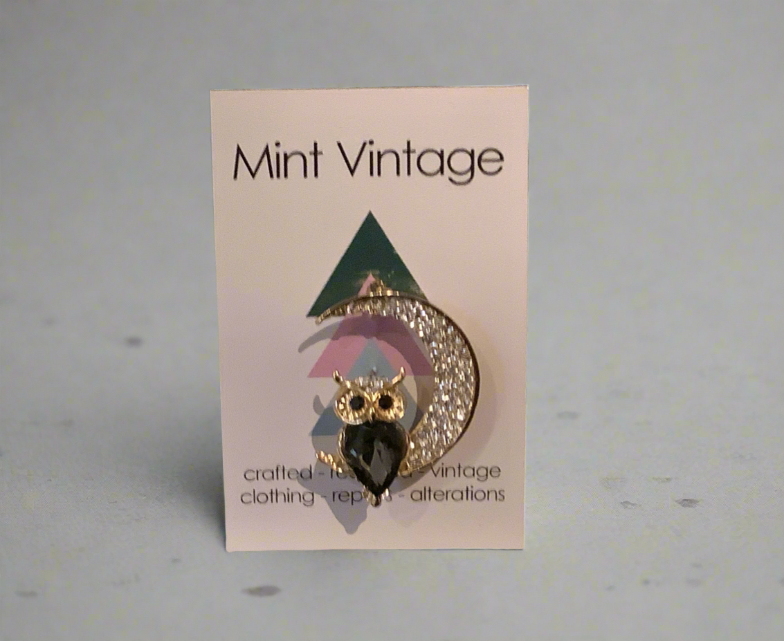 Owl in a moon sparkly brooch