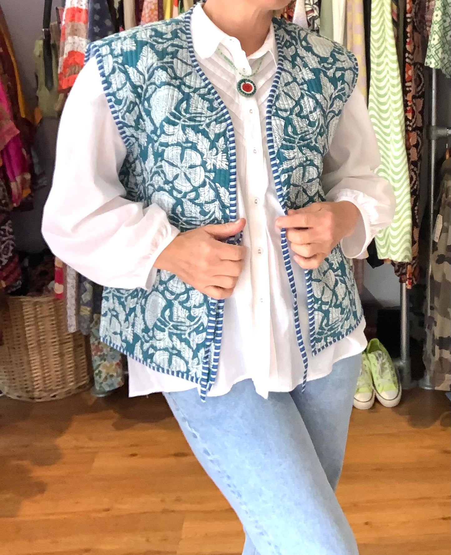 Handmade quilted Indian blockprint ethnic patterned gilet/waistcoat sz 8-10