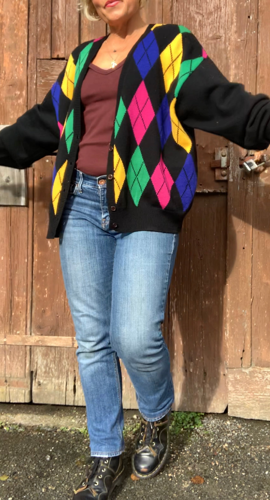 Vintage preppy vibes 1980’s colourful diamond pattern cotton knit cardigan
