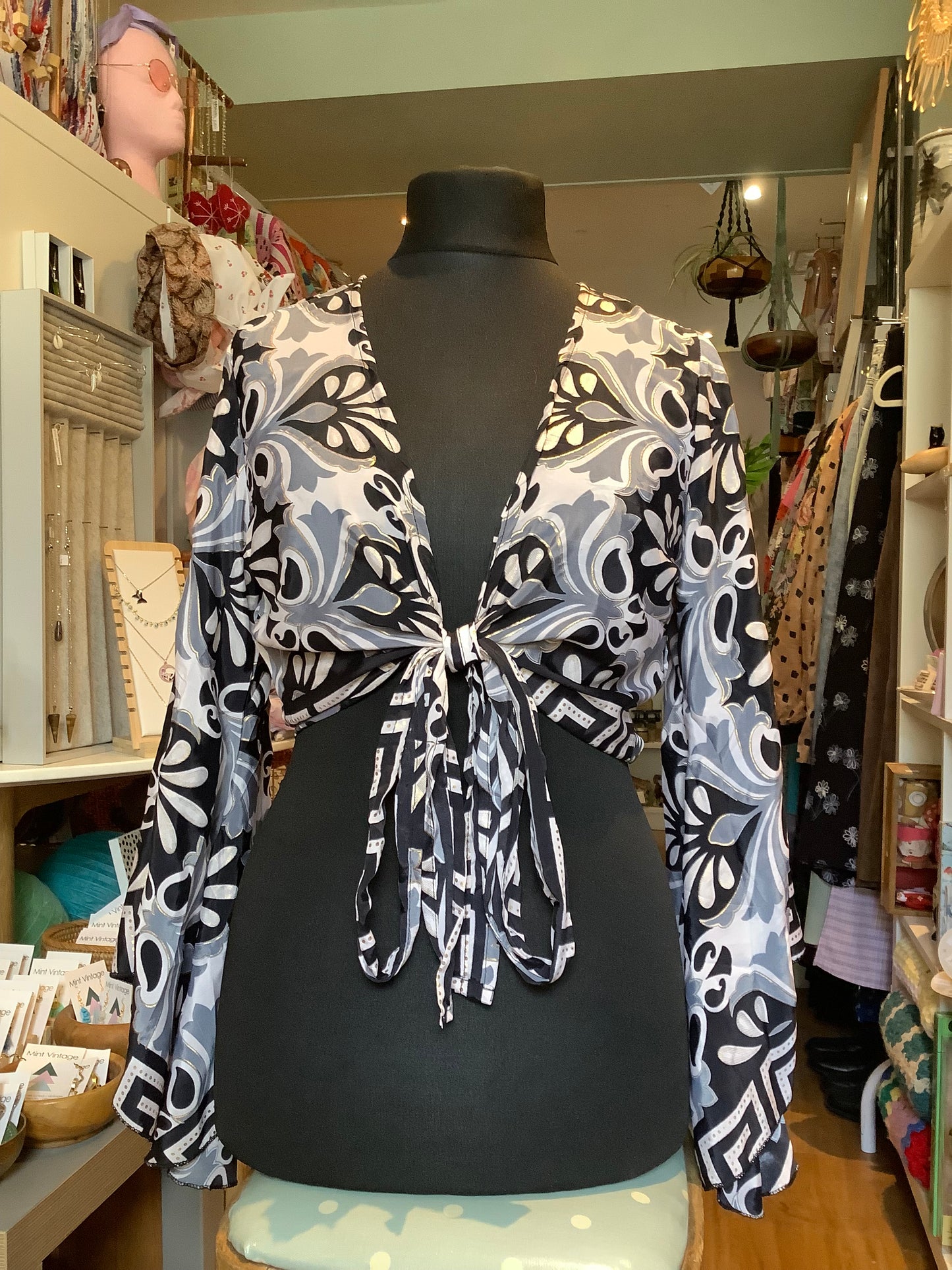 Handmade sari fabric bell sleeve wrap top