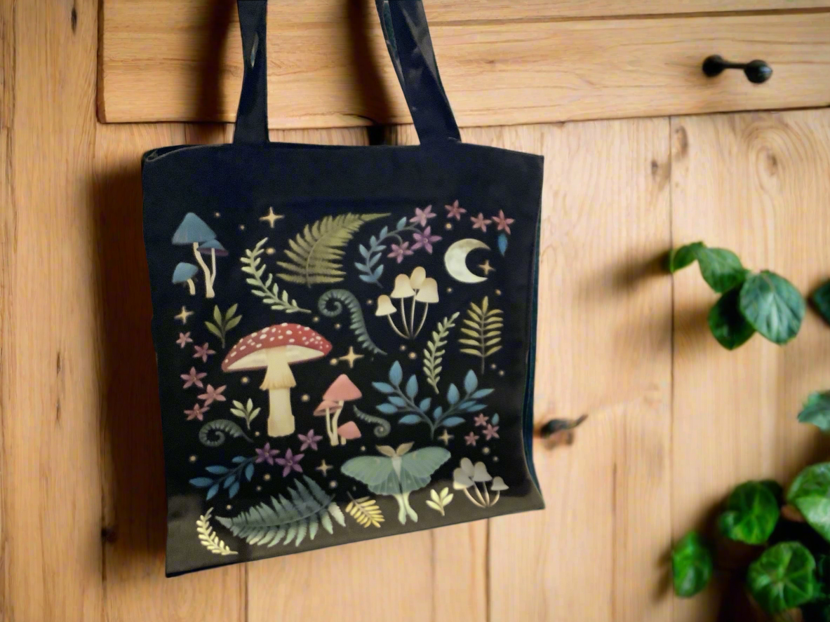 Black mushroom tote bag