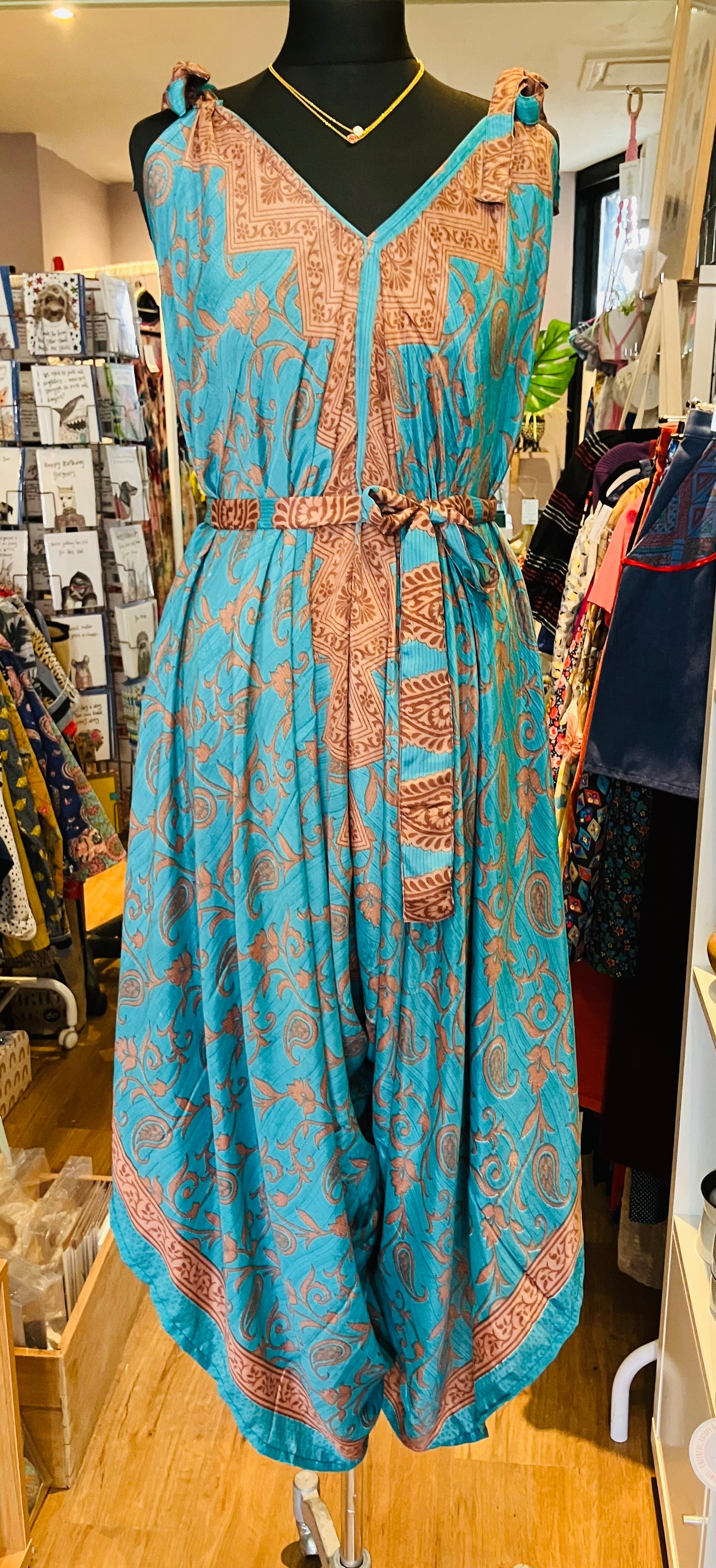 Hand made Indian sari fabric belted jumpsuit Romper ~ free size 8-18