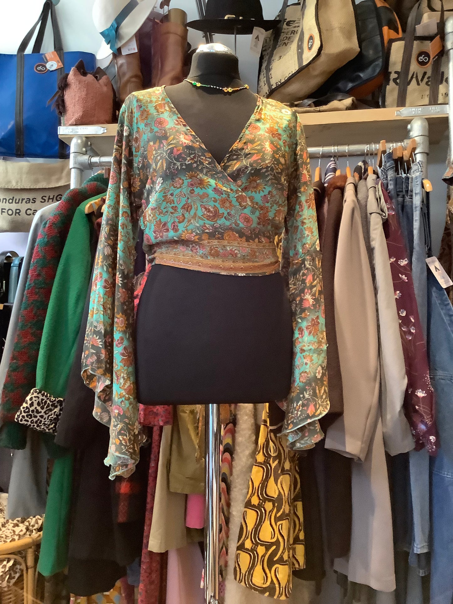 Handmade Recycled Sari bell sleeve fabric wrap top