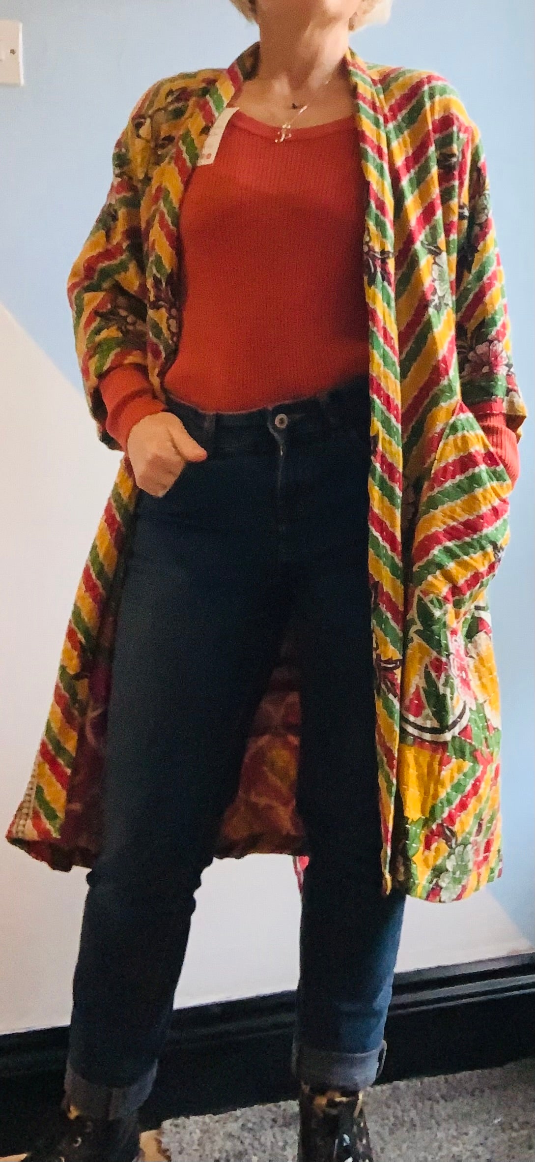 Hand made colourful Indian kantha quilted reversible jacket ~ free size 8-16