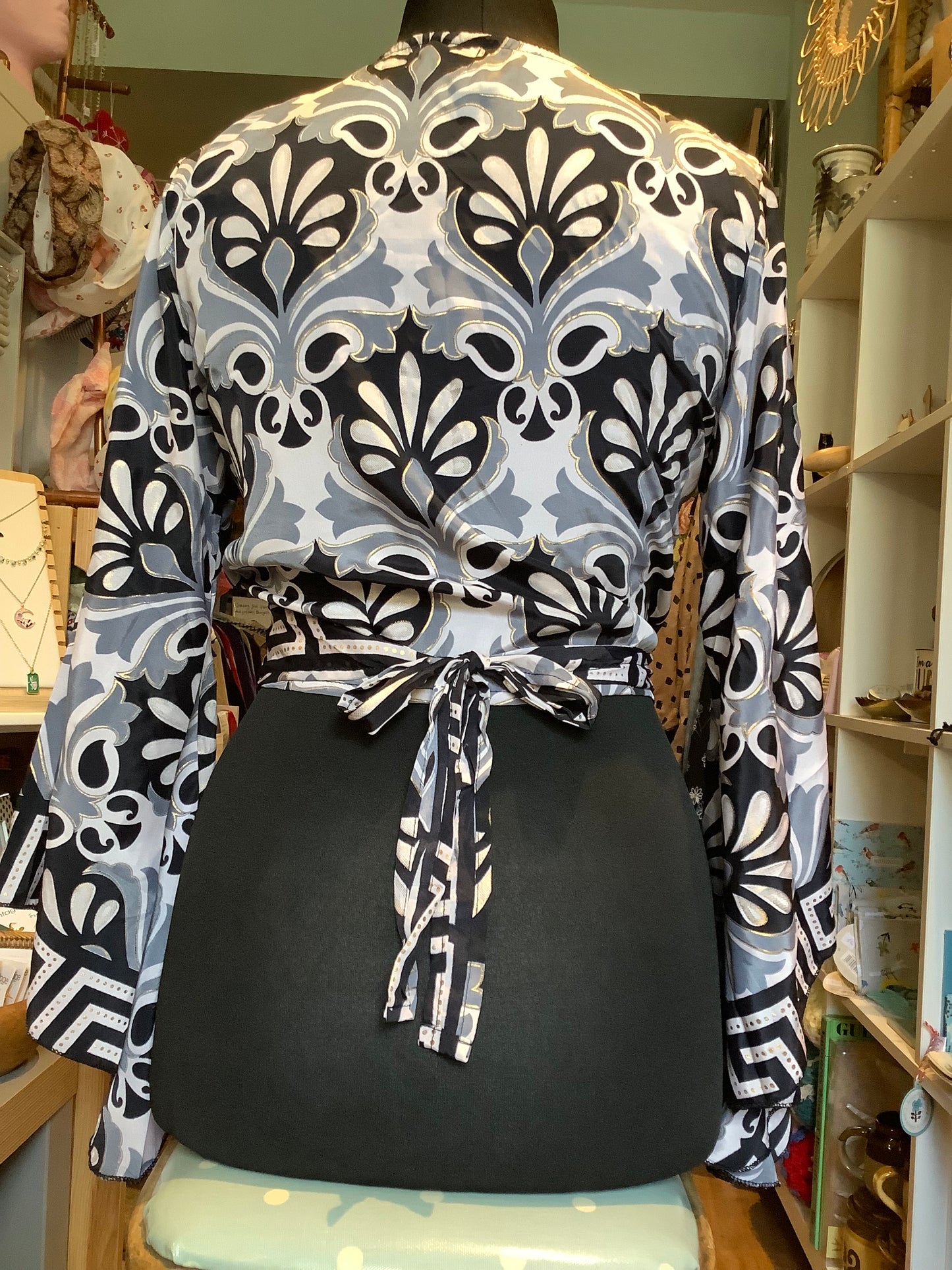 Handmade sari fabric bell sleeve wrap top
