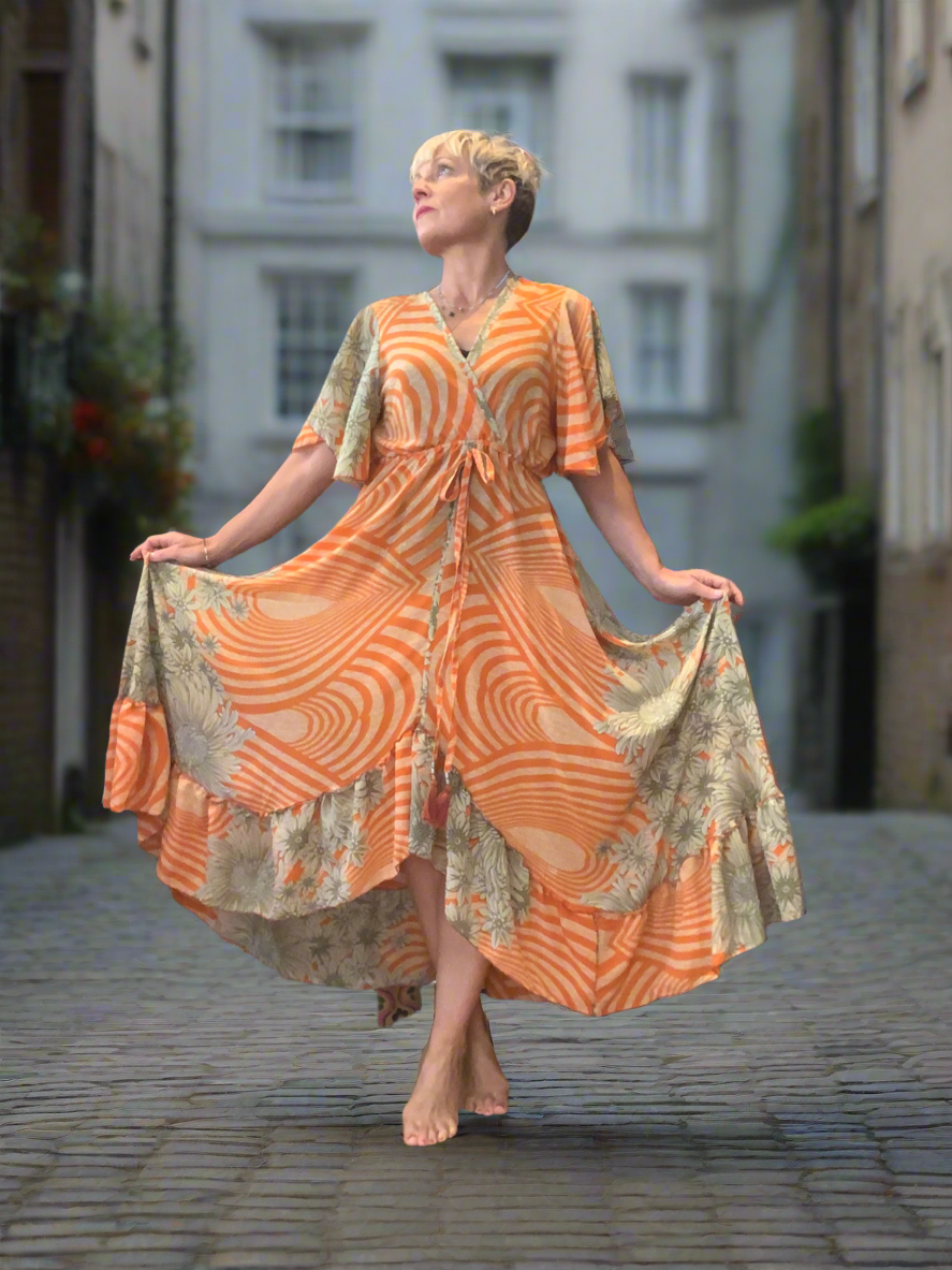 Handmade boho/prairie style dress made from vintage sari fabric