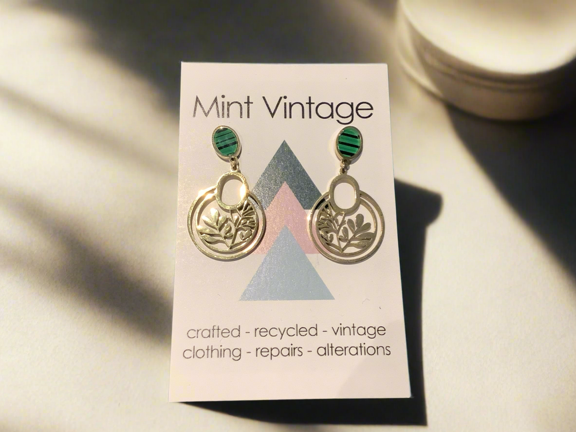 Gold and green leaf design dangle stud earrings