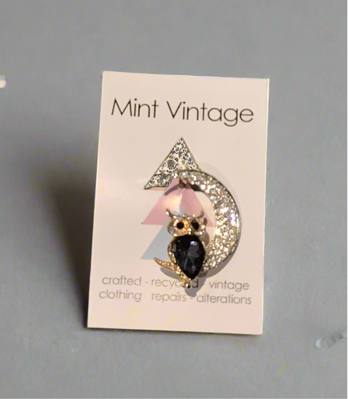 Owl in a moon sparkly brooch