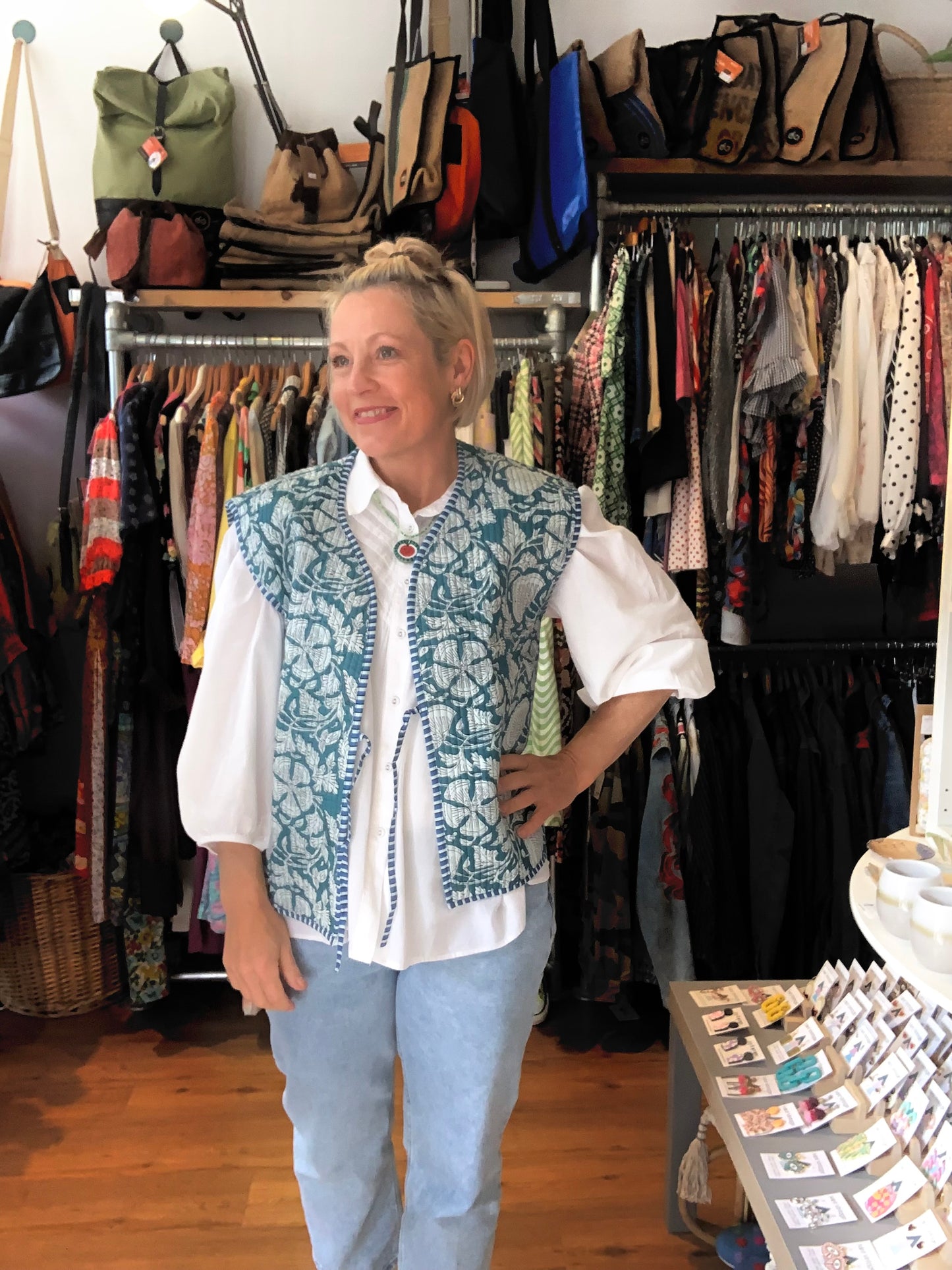 Handmade quilted Indian blockprint ethnic patterned gilet/waistcoat sz 8-10