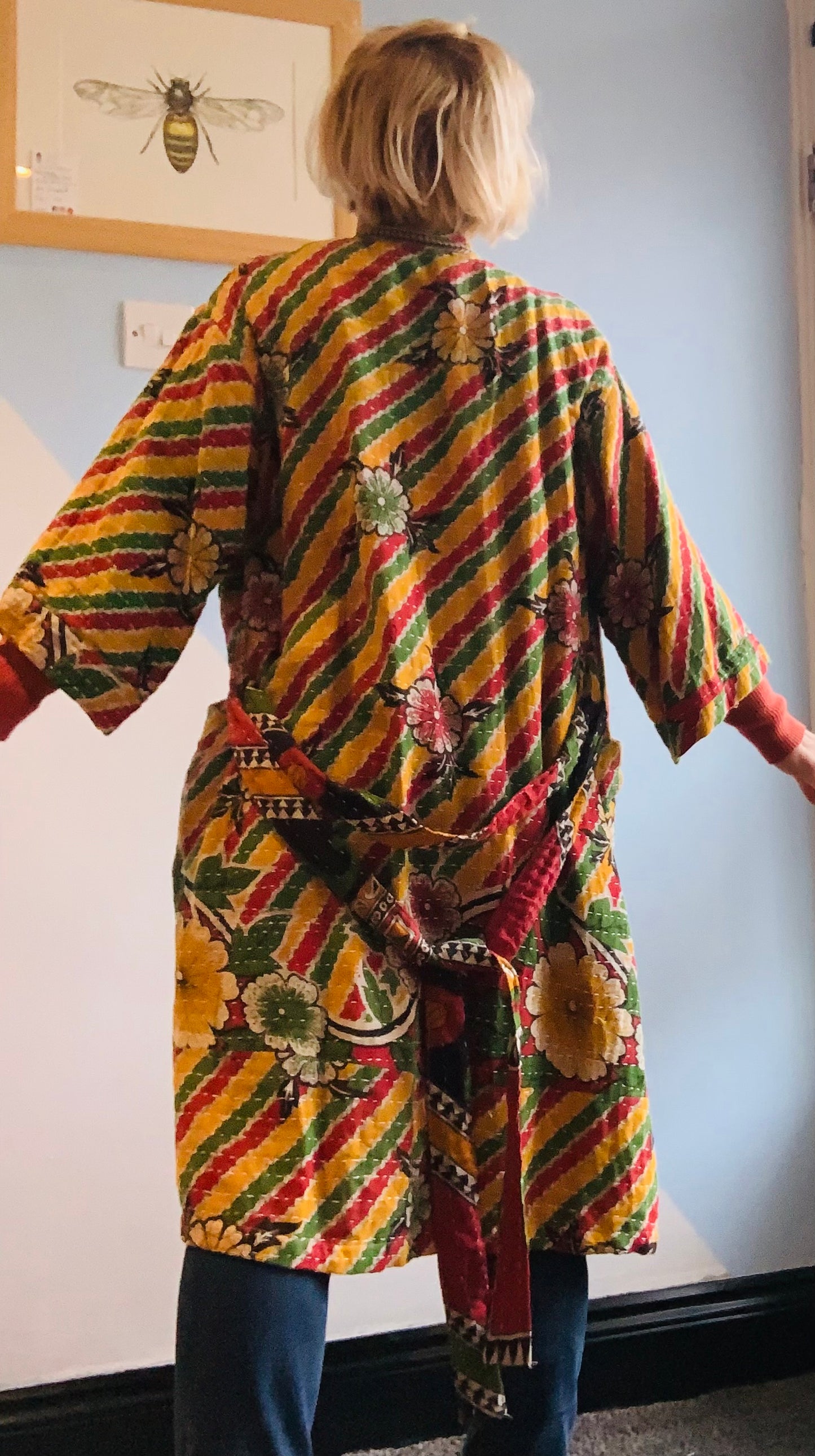 Hand made colourful Indian kantha quilted reversible jacket ~ free size 8-16