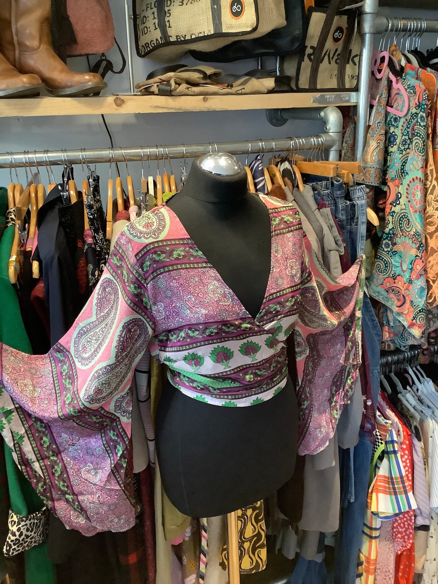 Handmade patterned Indian sari fabric bell sleeve wrap top