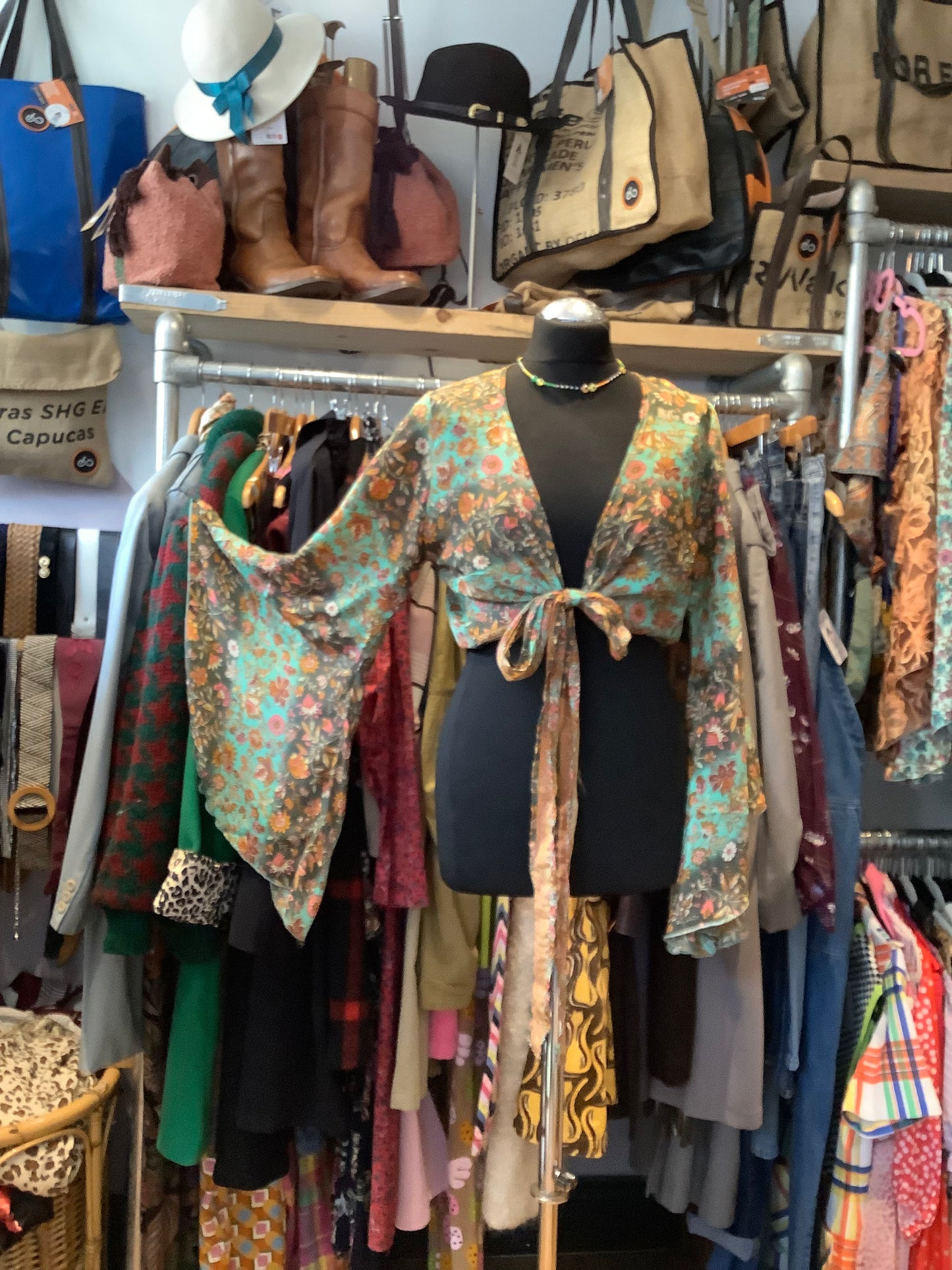 Handmade Recycled Sari bell sleeve fabric wrap top