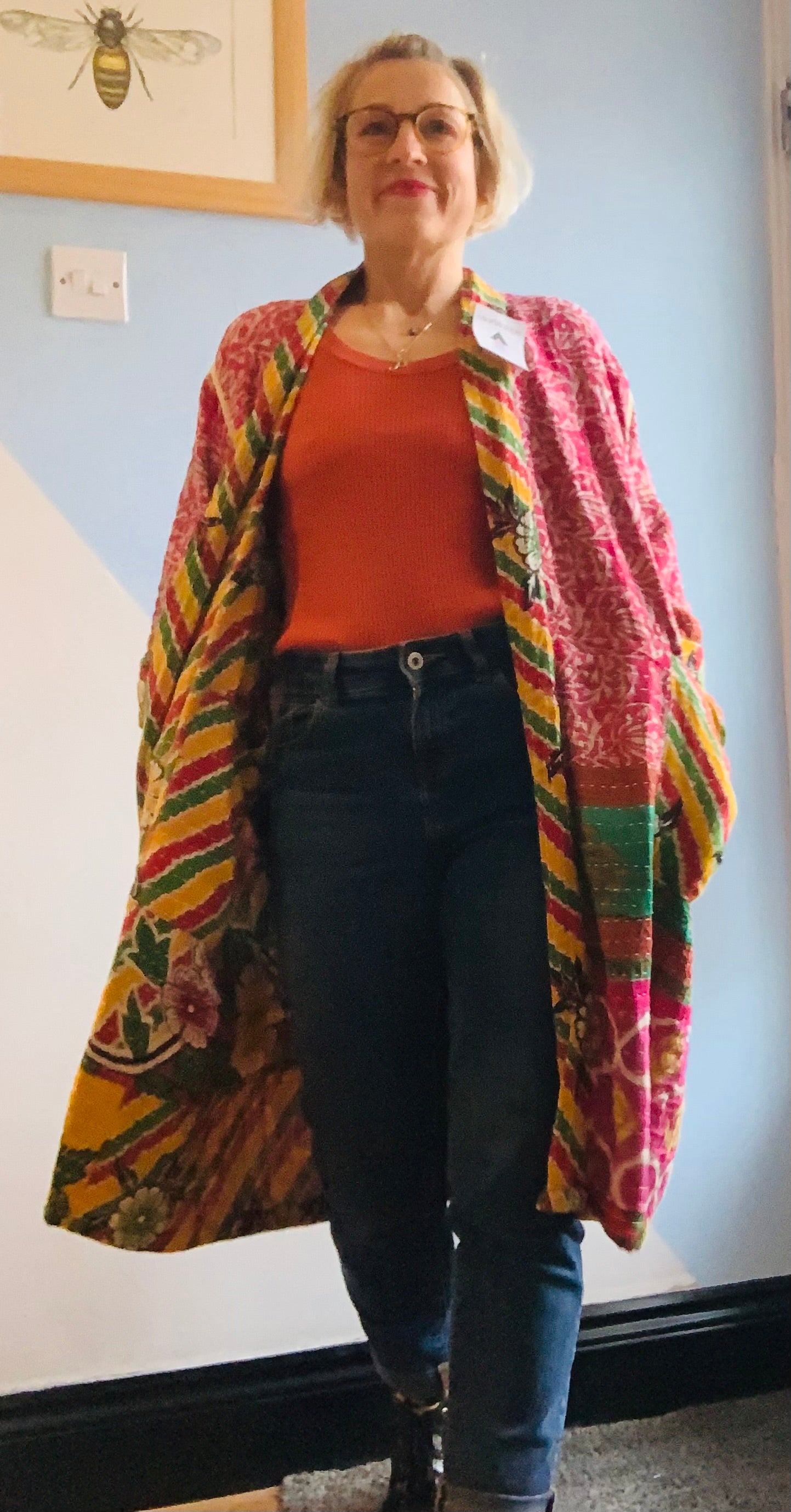 Hand made colourful Indian kantha quilted reversible jacket ~ free size 8-16