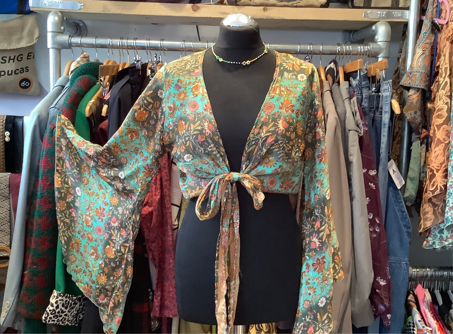 Handmade Recycled Sari bell sleeve fabric wrap top