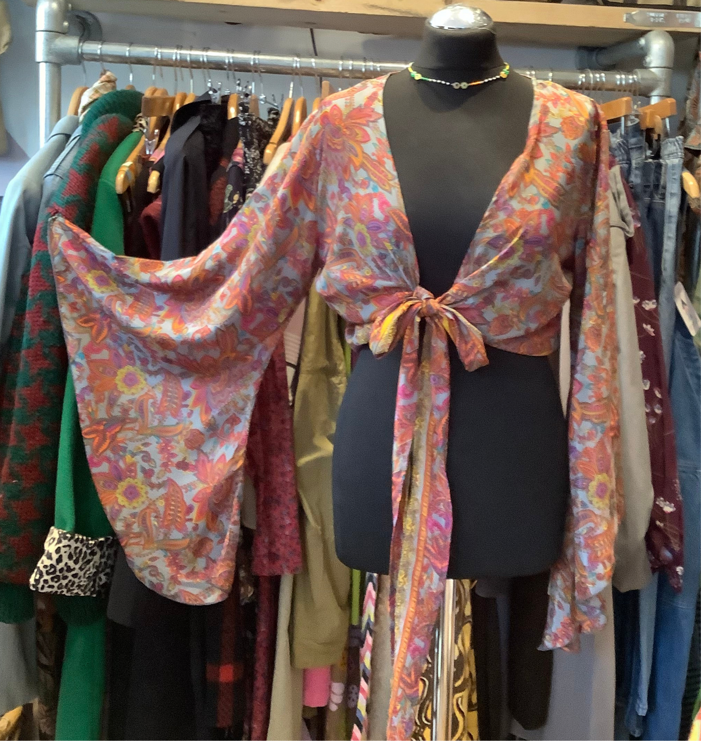 Handmade colourful sari fabric bell sleeve short wrap top