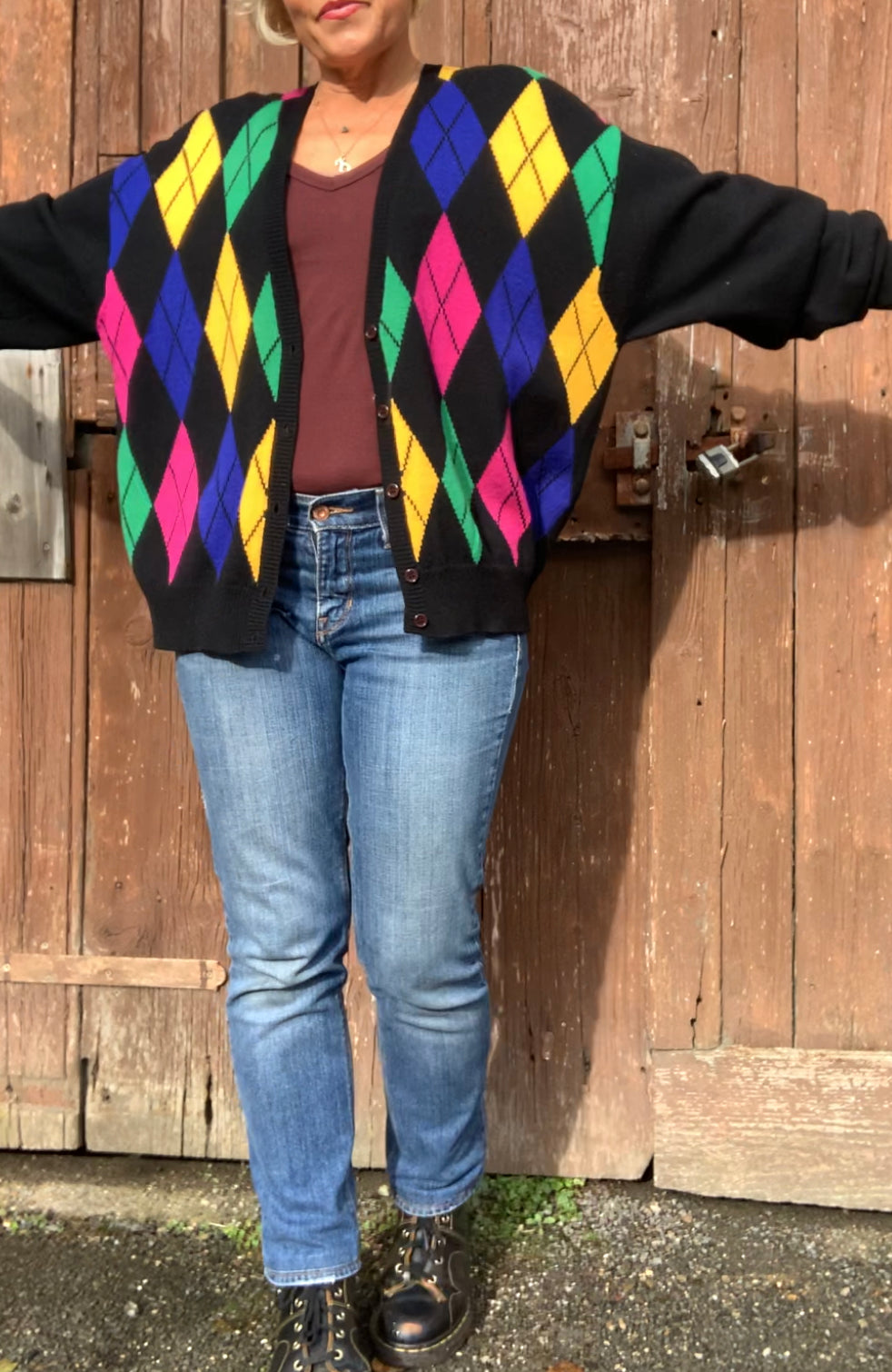 Vintage preppy vibes 1980’s colourful diamond pattern cotton knit cardigan