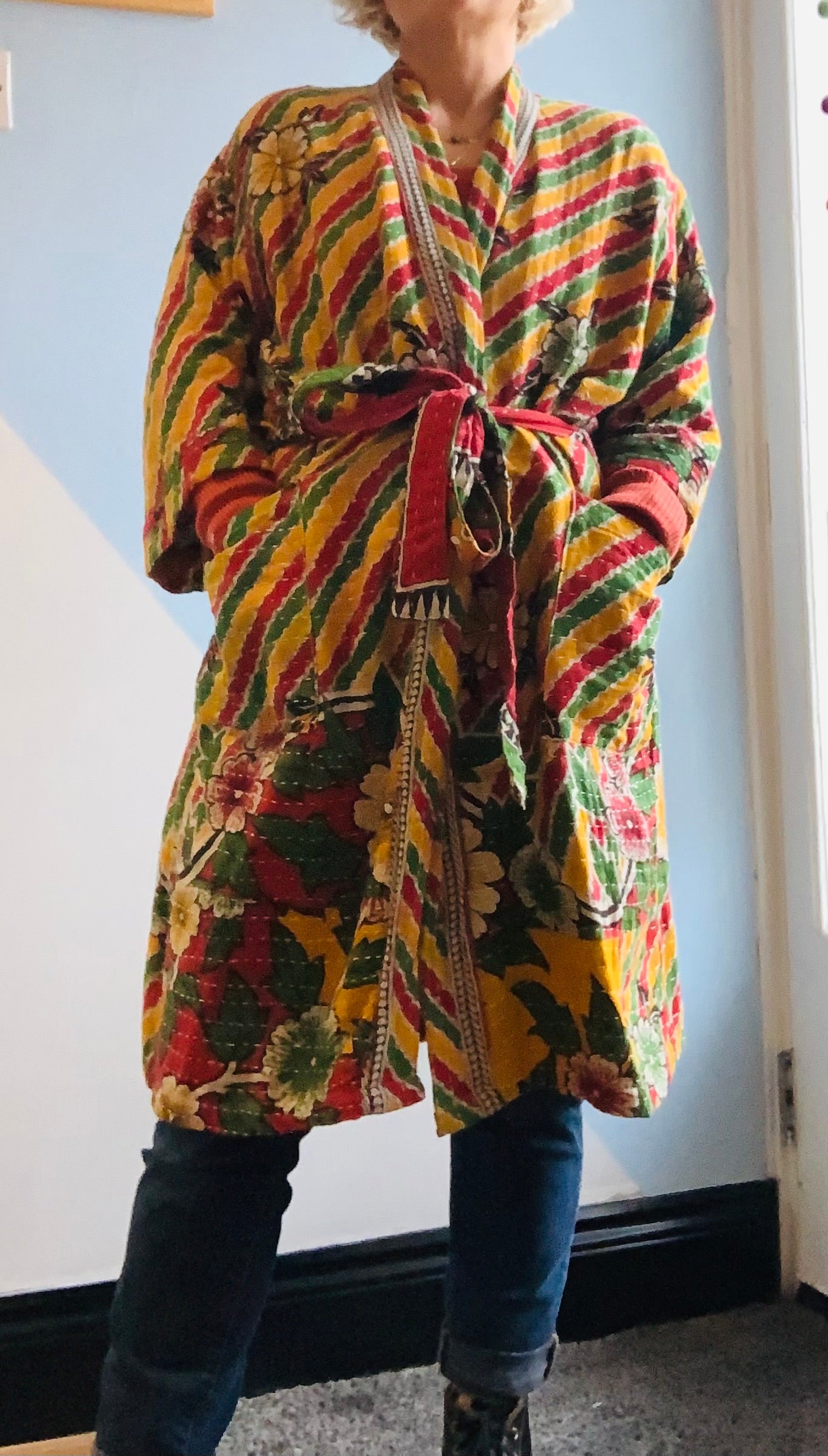 Hand made colourful Indian kantha quilted reversible jacket ~ free size 8-16