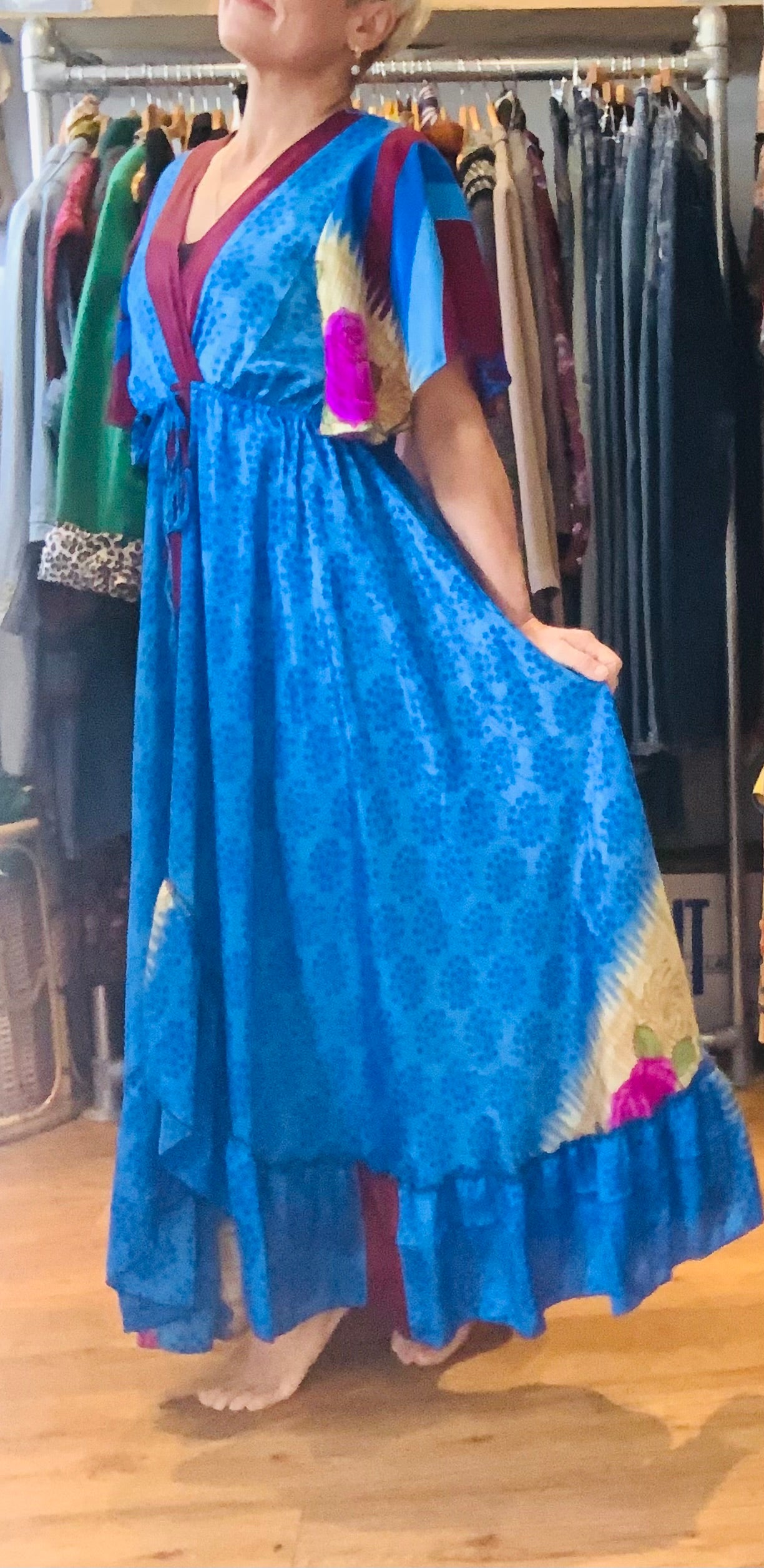 Handmade boho/prairie style silk sari dress