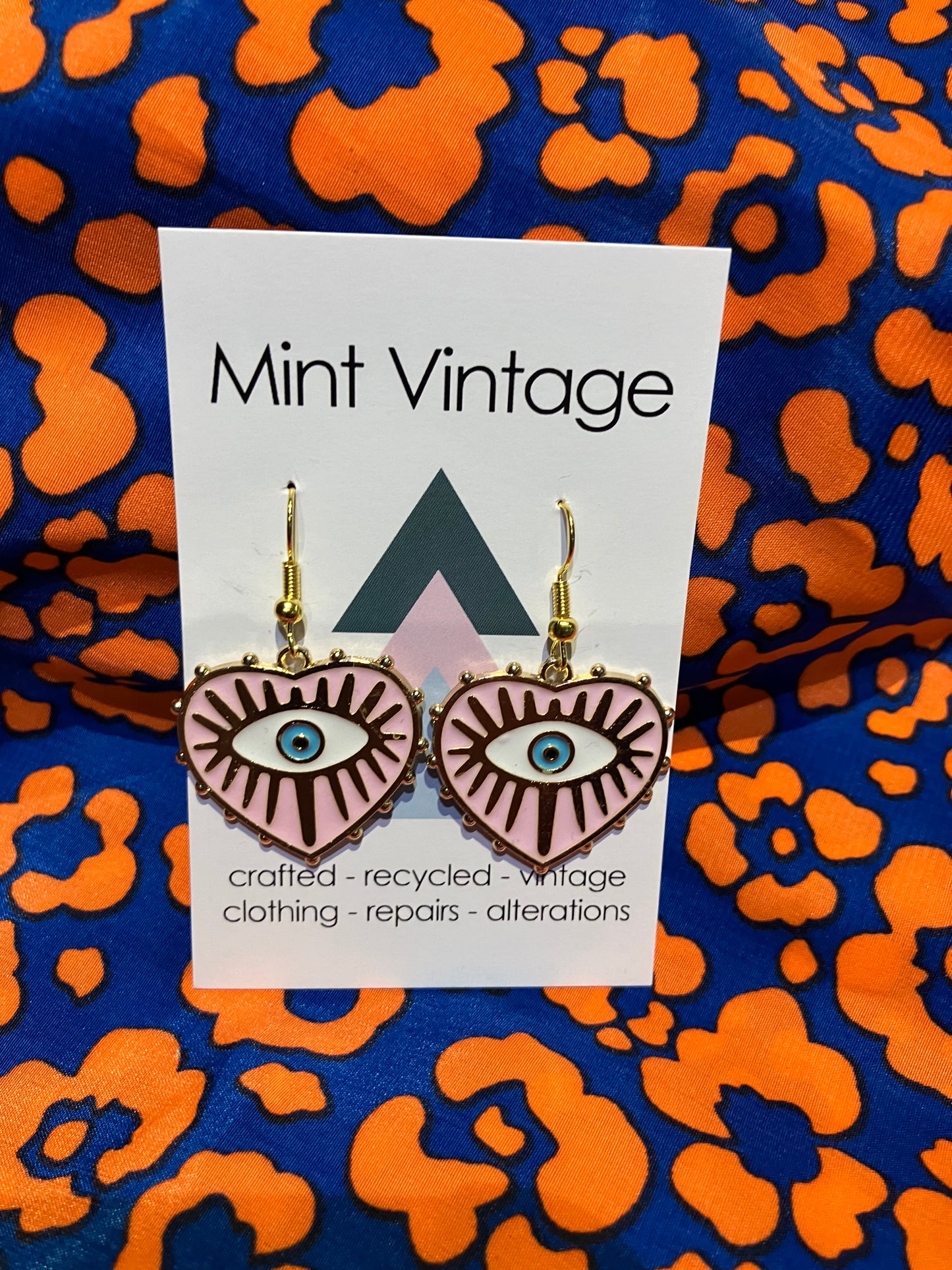 Evil eye enamel heart baby pink and gold earrings