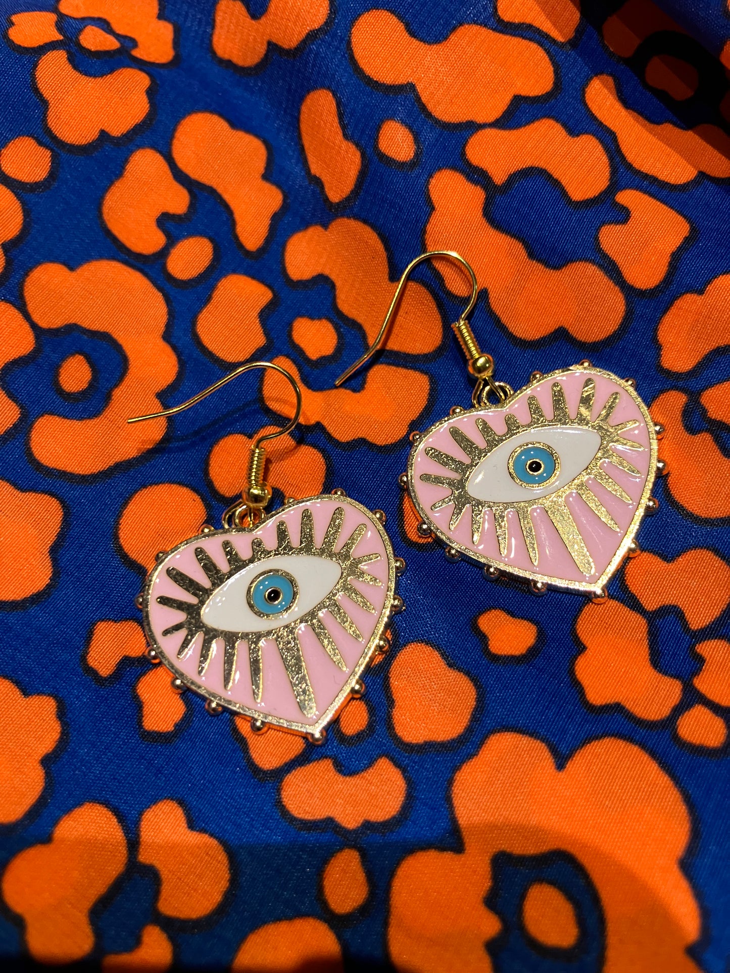 Evil eye enamel heart baby pink and gold earrings