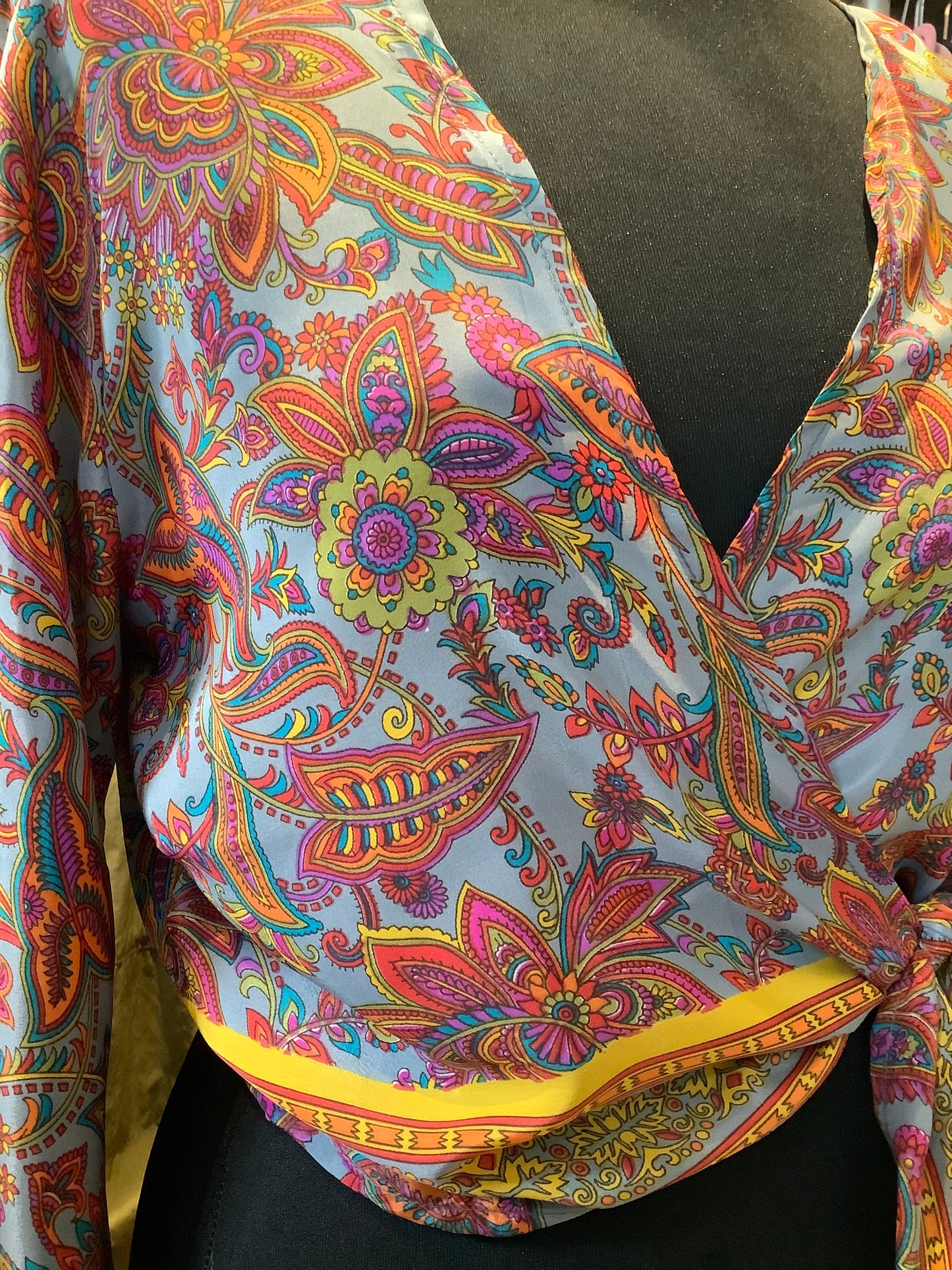 Handmade colourful sari fabric bell sleeve short wrap top