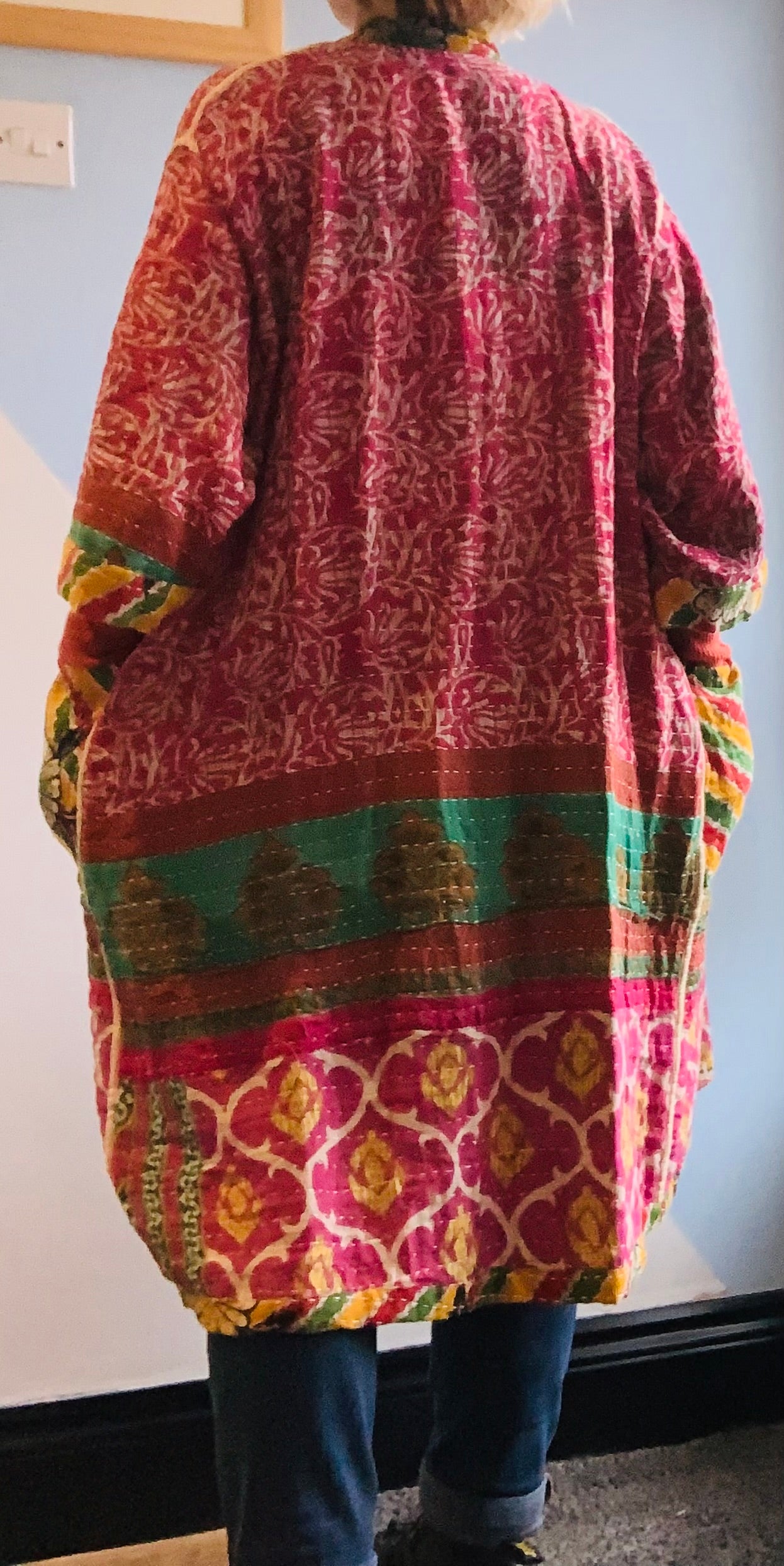 Hand made colourful Indian kantha quilted reversible jacket ~ free size 8-16