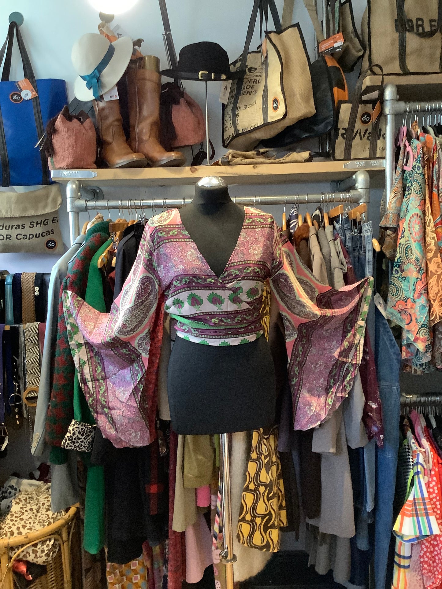Handmade patterned Indian sari fabric bell sleeve wrap top