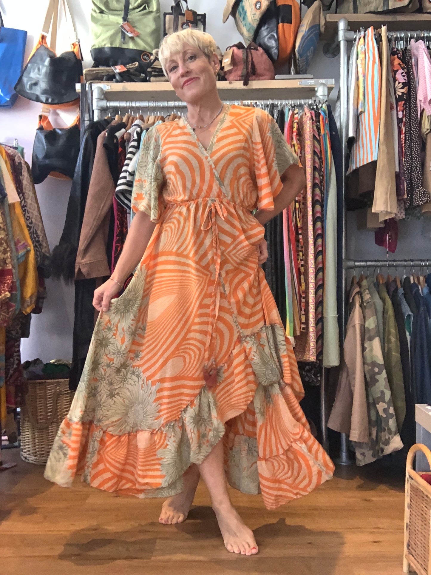 Handmade boho/prairie style dress made from vintage sari fabric