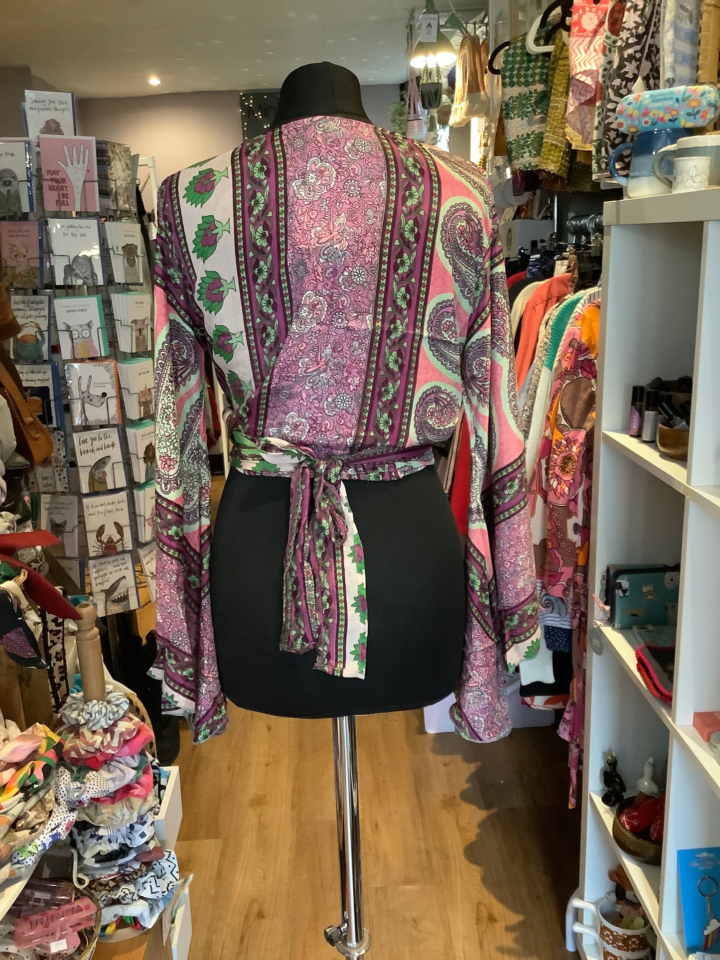 Handmade patterned Indian sari fabric bell sleeve wrap top