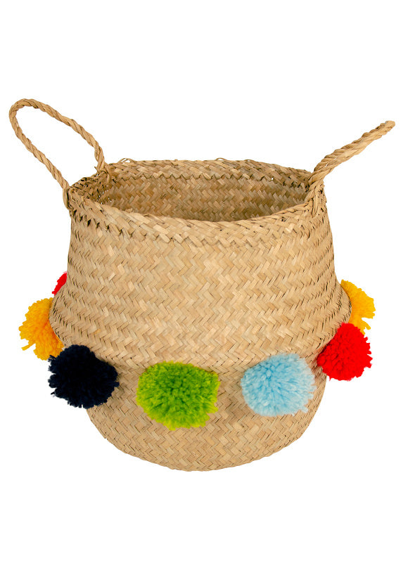 Seagrass Basket With Multi Colour Pom Poms