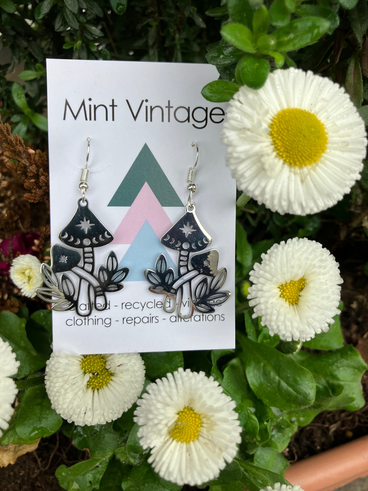 Silver mushroom π dangle earrings