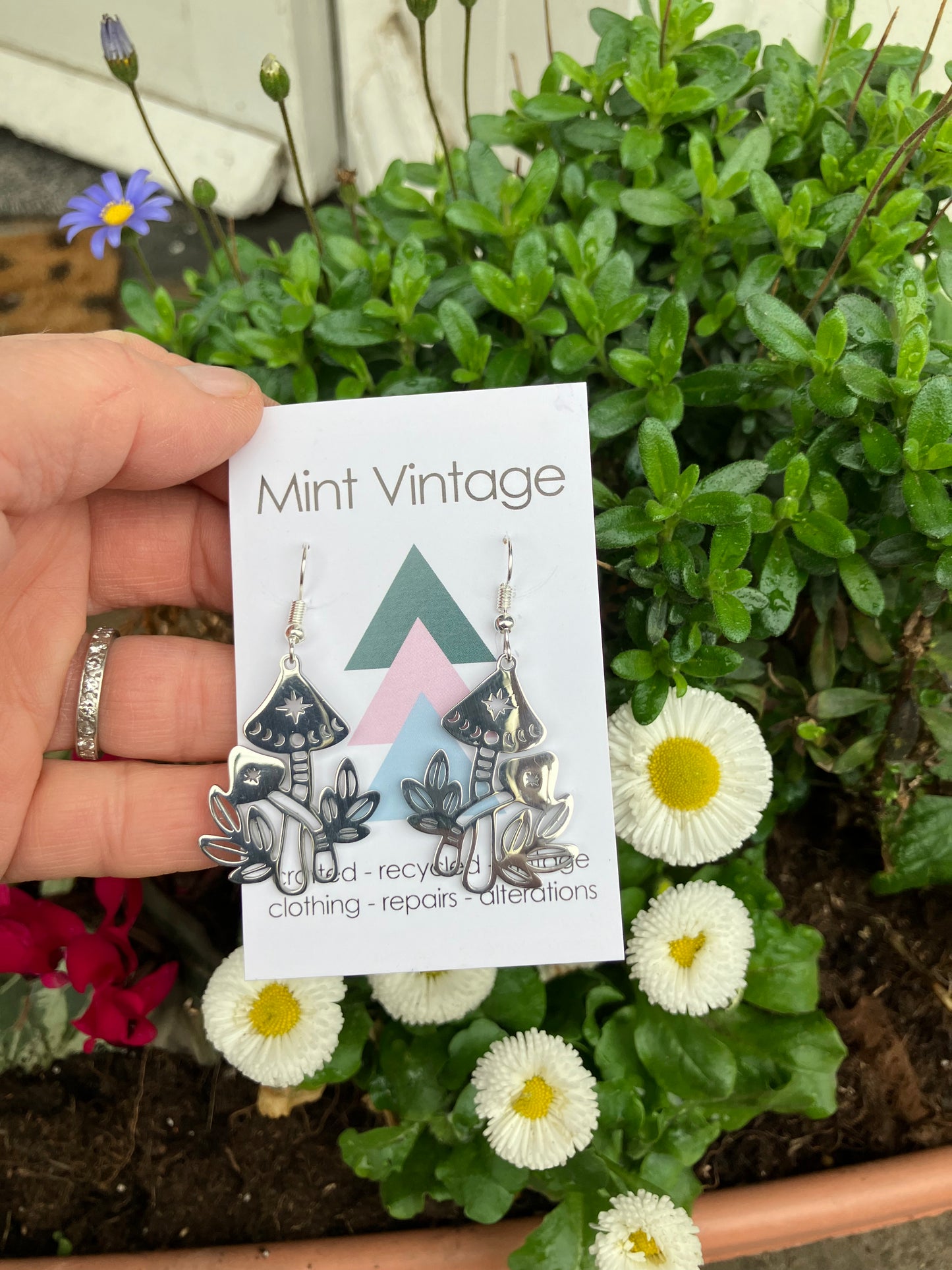 Silver mushroom π dangle earrings