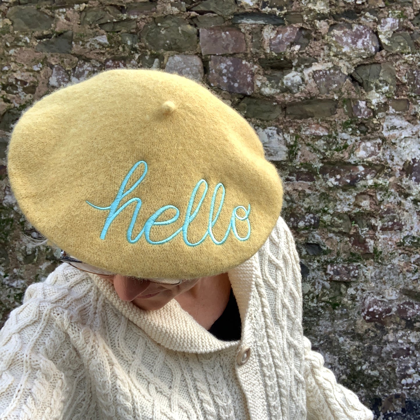Yellow Wool beret with embroidered Hello message