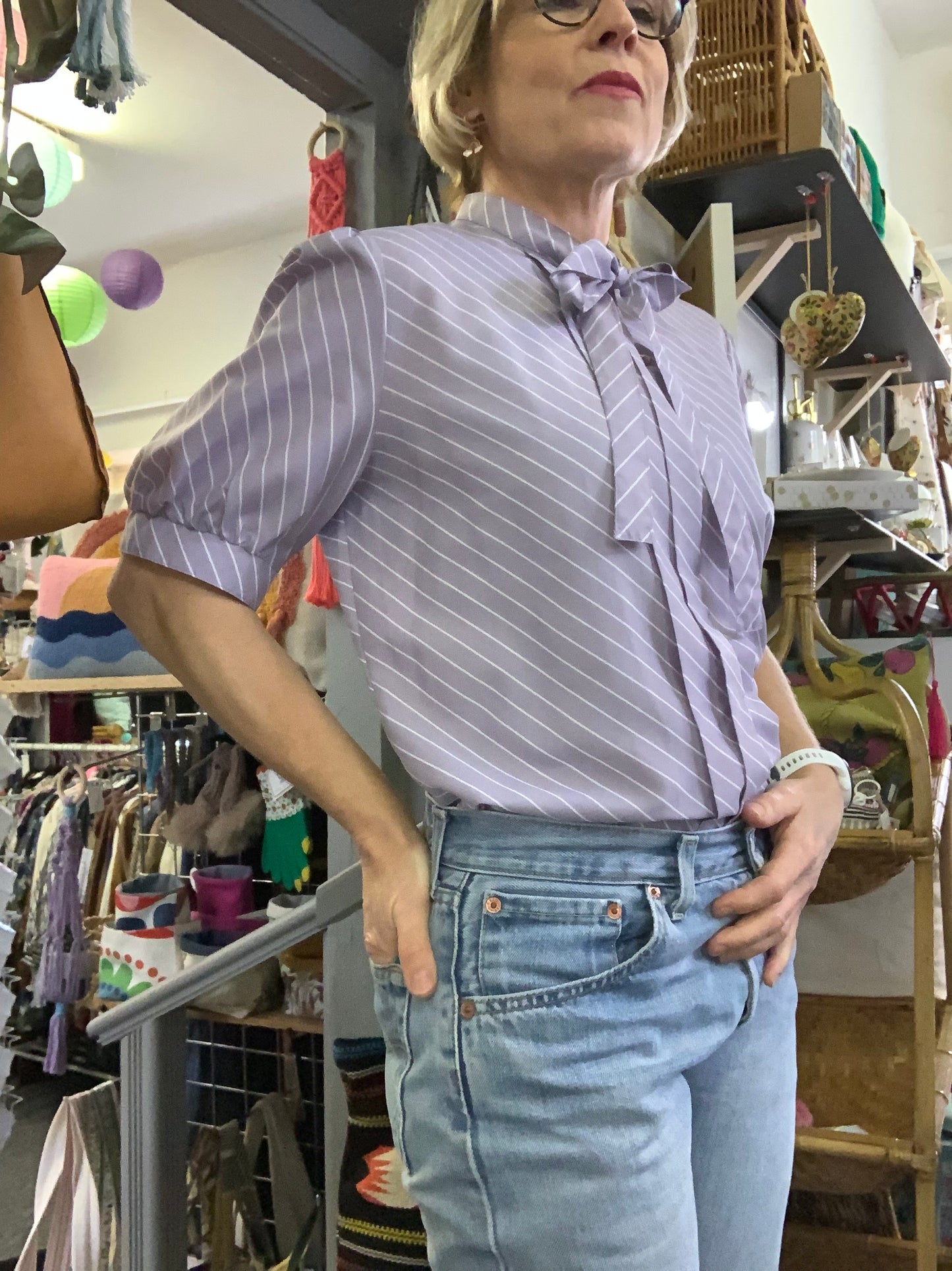 Vintage 1980’s Windsmoor pastel lilac stripe pussy bow blouse