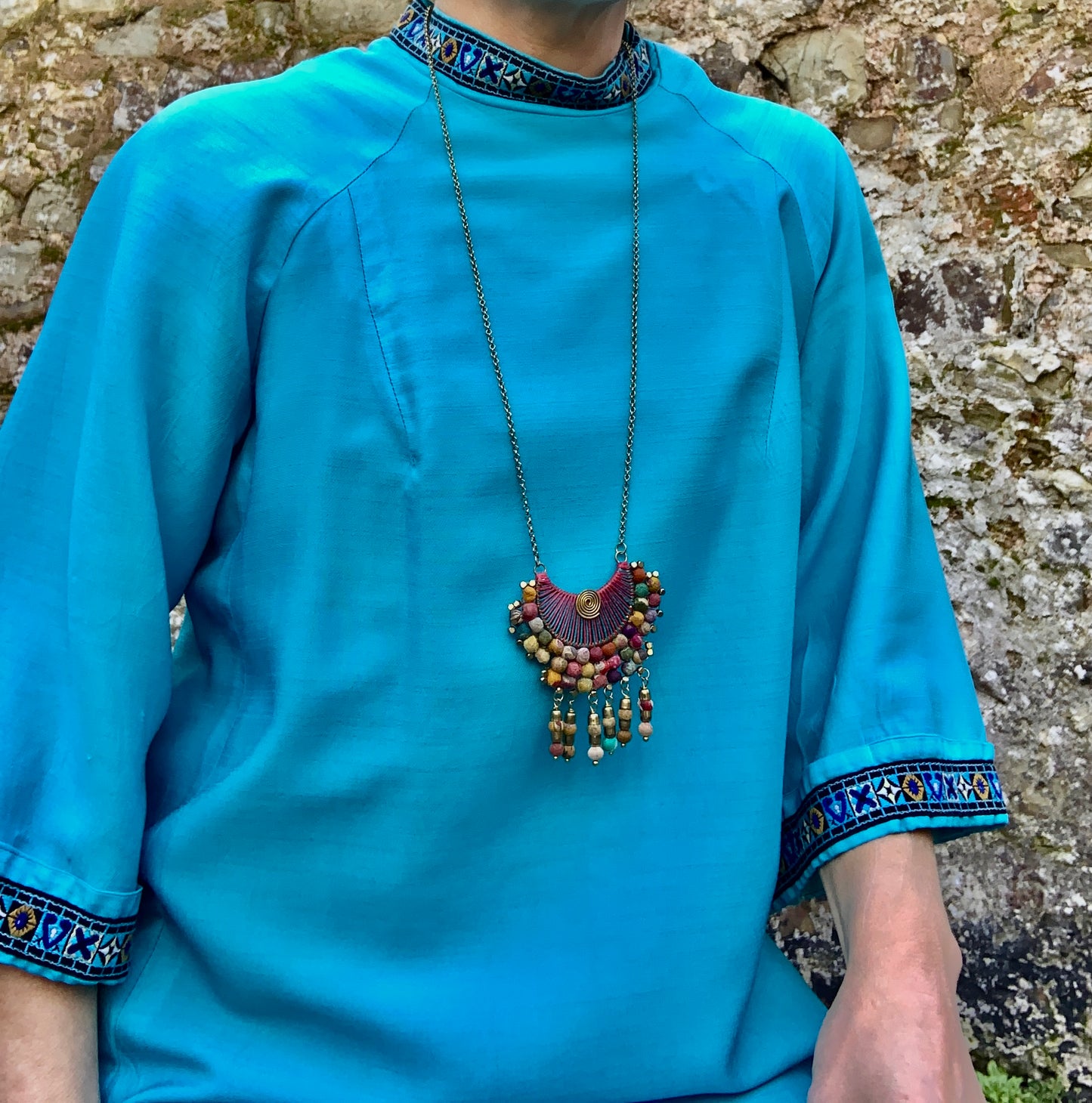 Vintage 1960’s handmade turquoise blue shift dress with embroidered trim