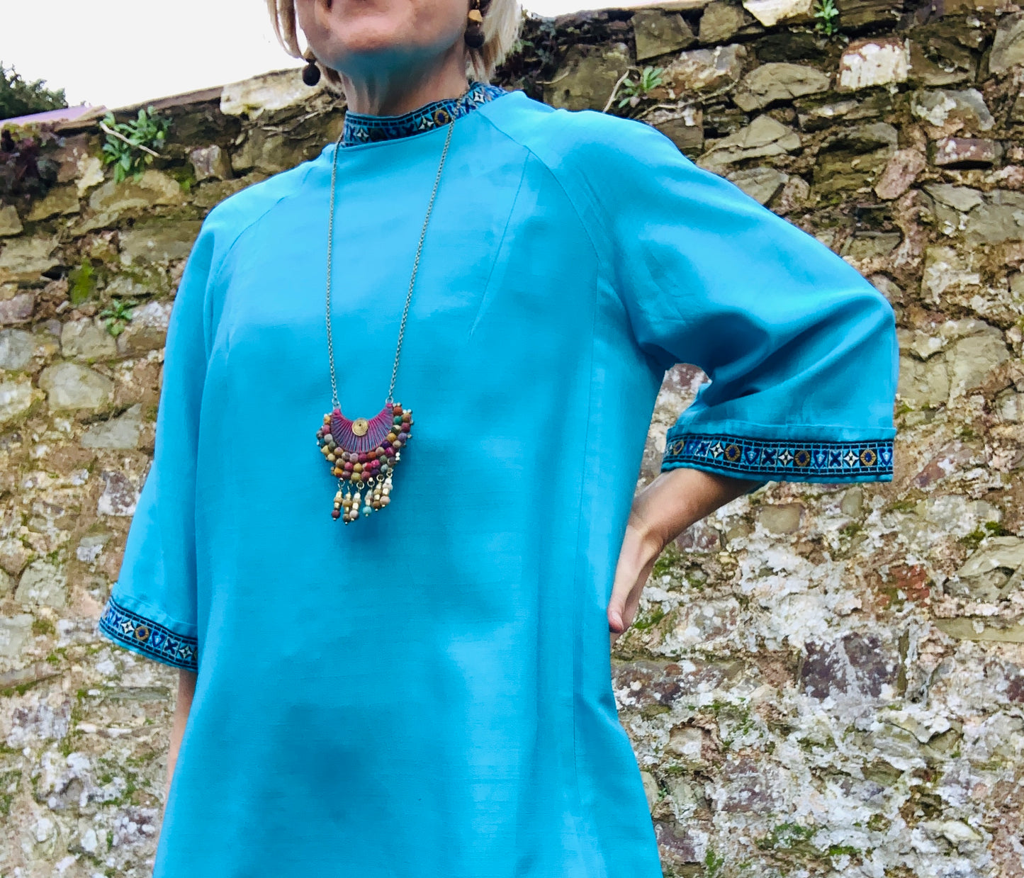 Vintage 1960’s handmade turquoise blue shift dress with embroidered trim