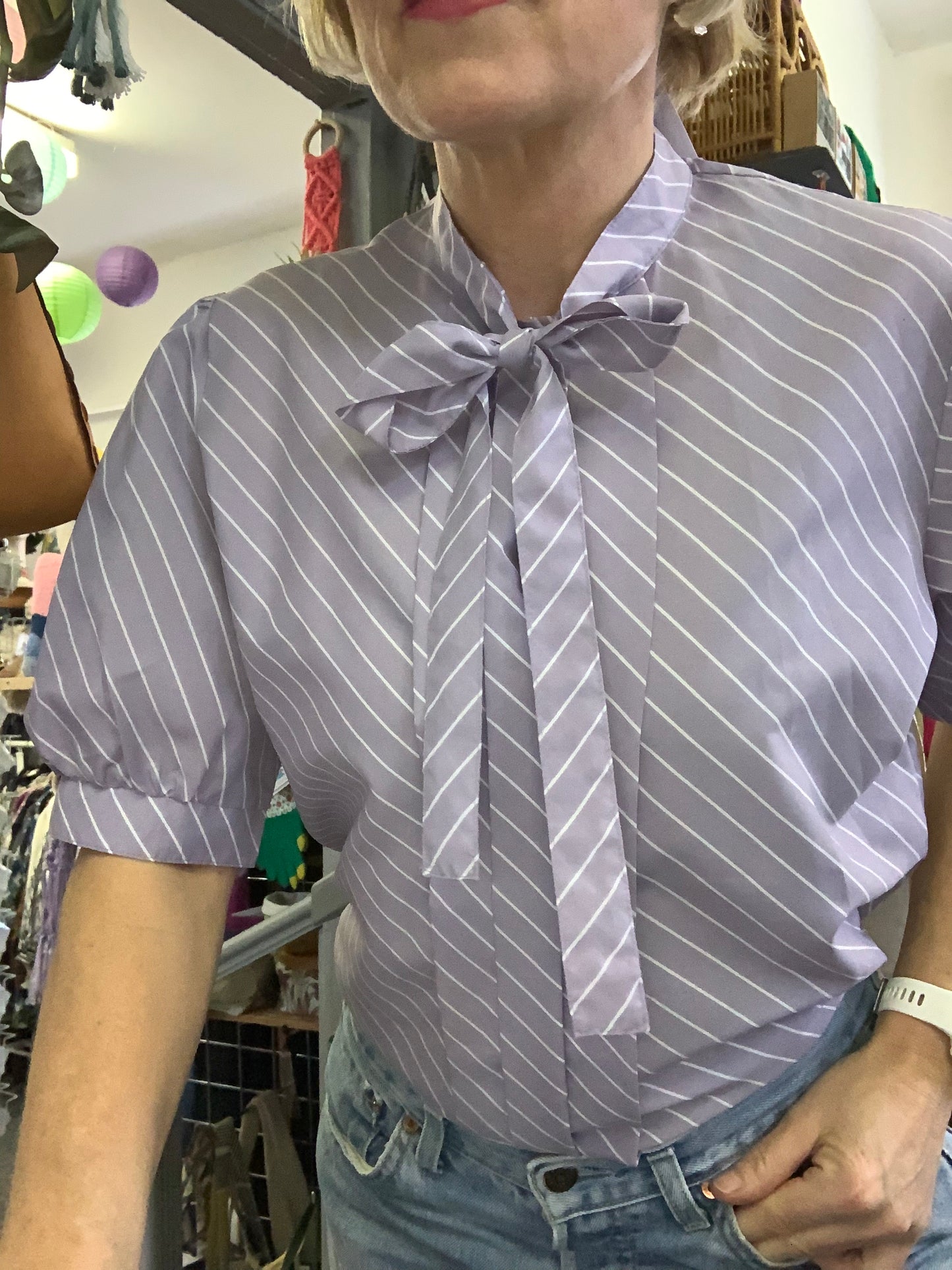 Vintage 1980’s Windsmoor pastel lilac stripe pussy bow blouse