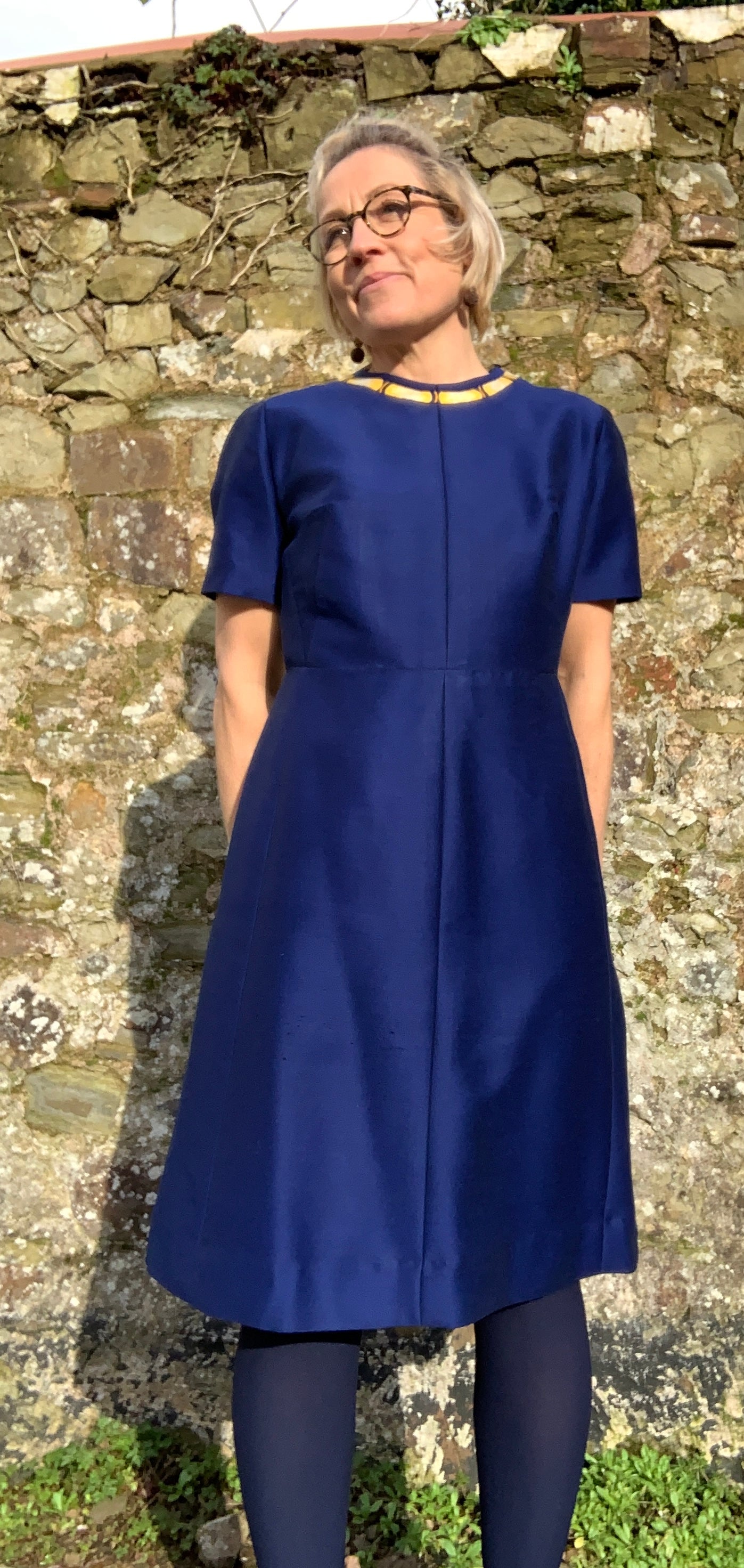 Vintage 1960’s London label silk/wool Navy fitted shift dress