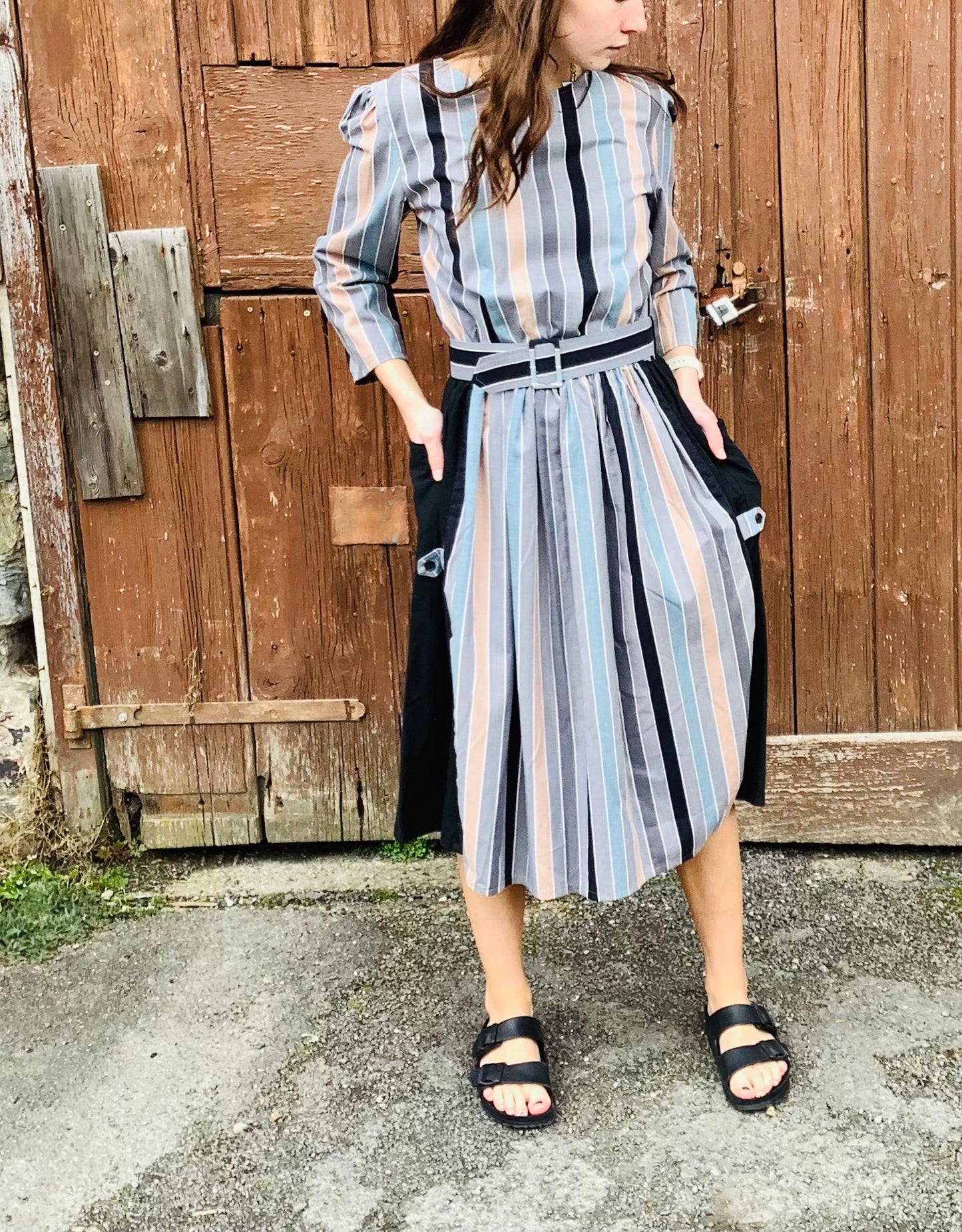 Vintage 1980’s grey stripe cotton midi dress