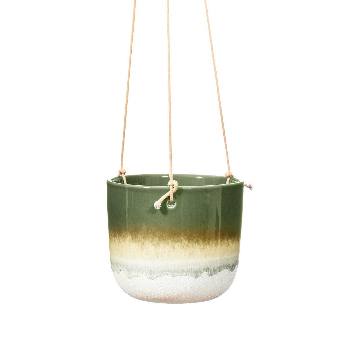 Green boho style dip glaze hanging planter