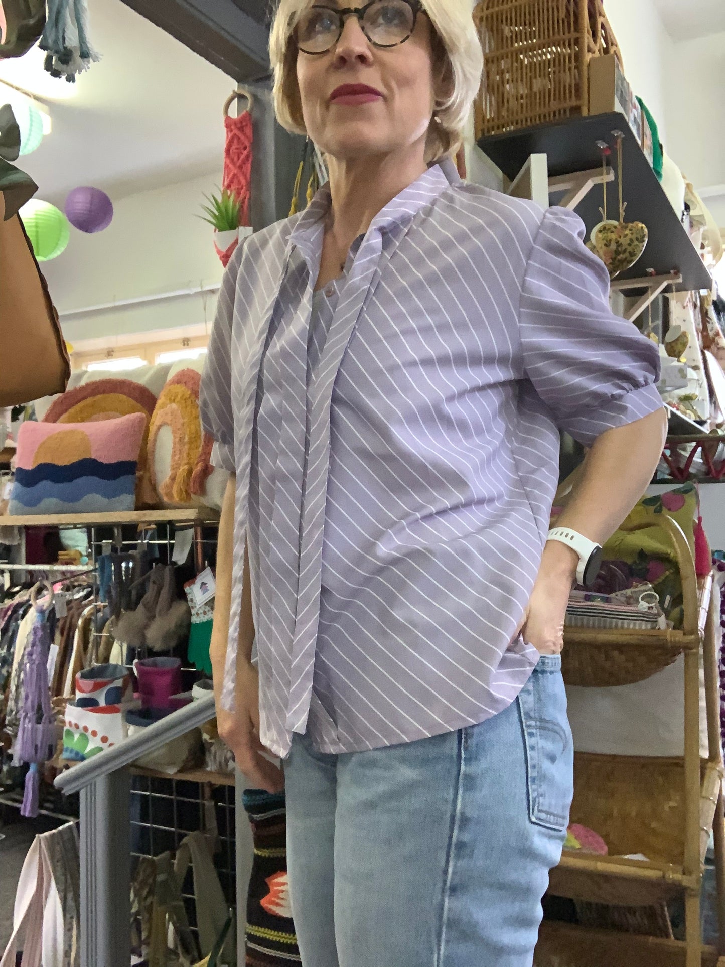 Vintage 1980’s Windsmoor pastel lilac stripe pussy bow blouse